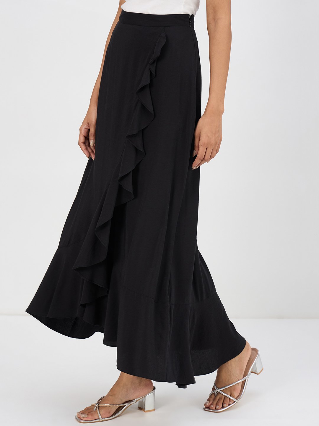 Black A-Line Ankle Length Ruffle Maxi Skirt