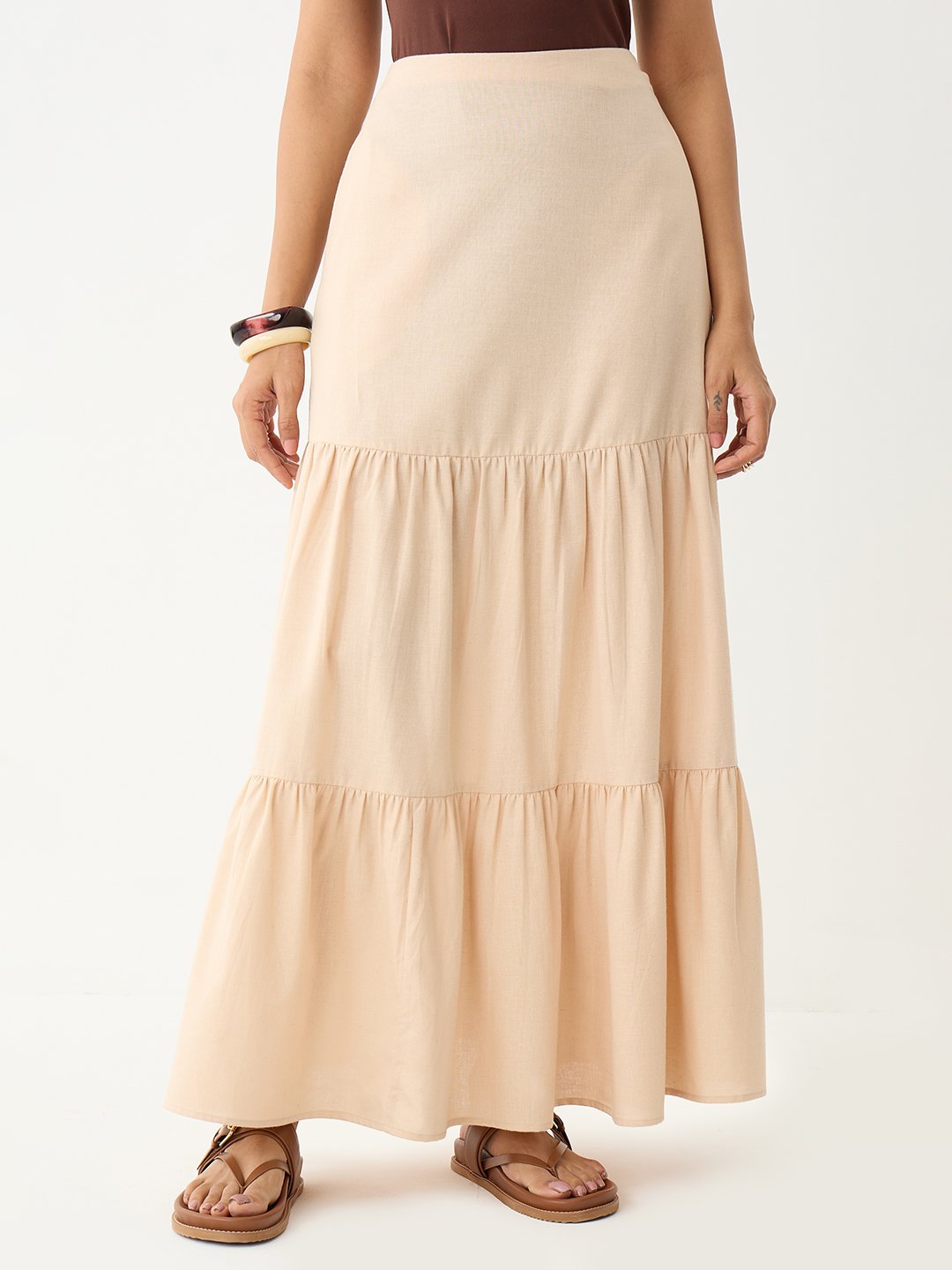 Beige Ankle-Length Tiered Maxi Skirt