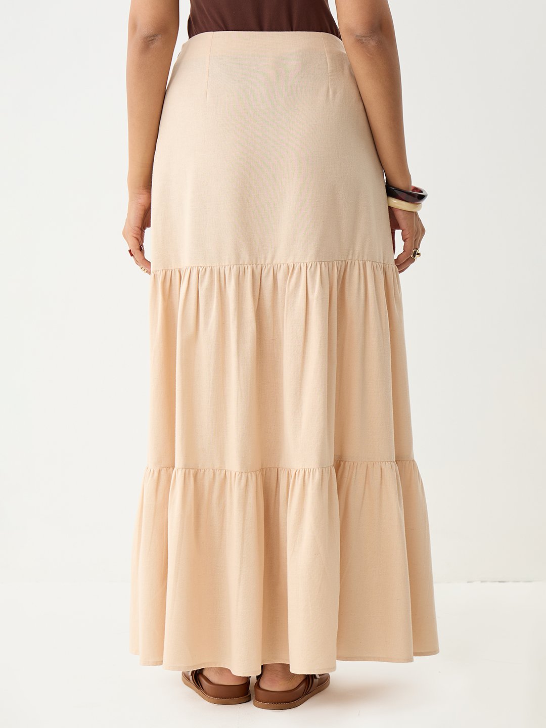 Beige Ankle-Length Tiered Maxi Skirt