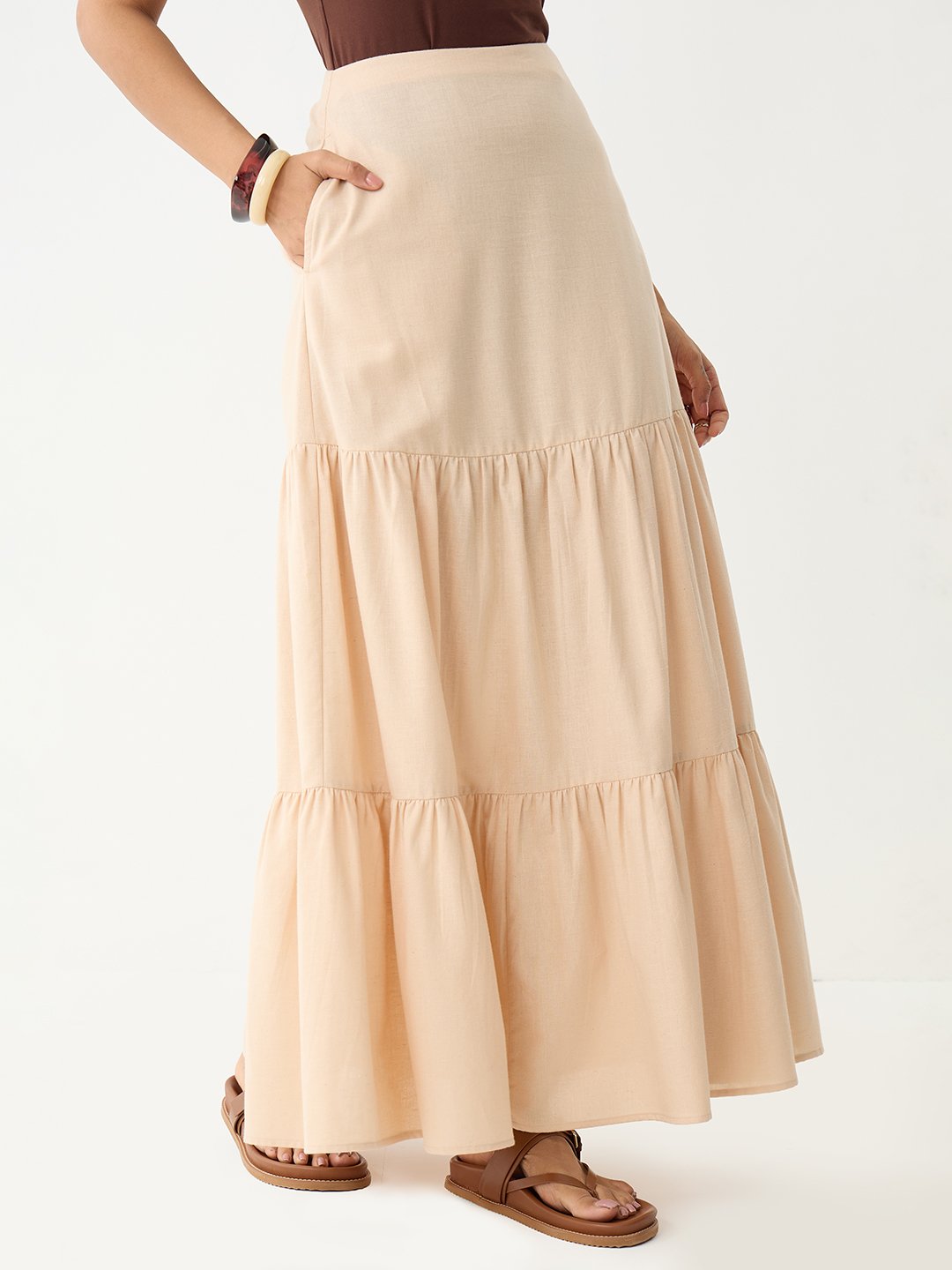 Beige Ankle-Length Tiered Maxi Skirt