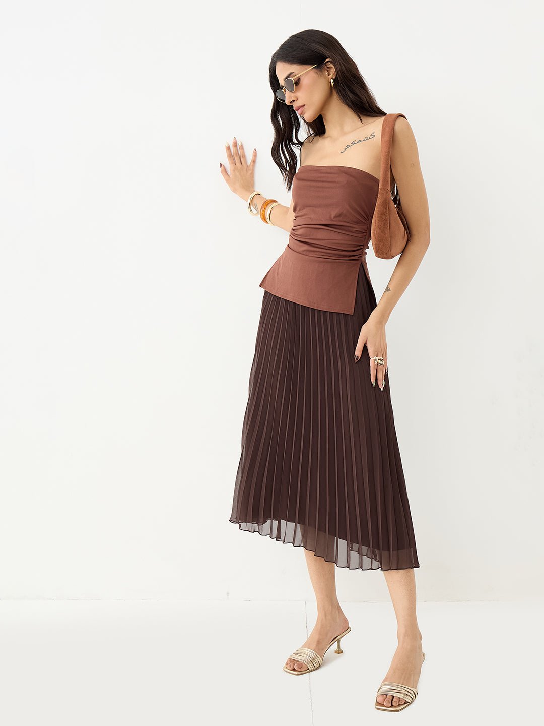 Elegant Brown Pleated A-Line Midi Skirt