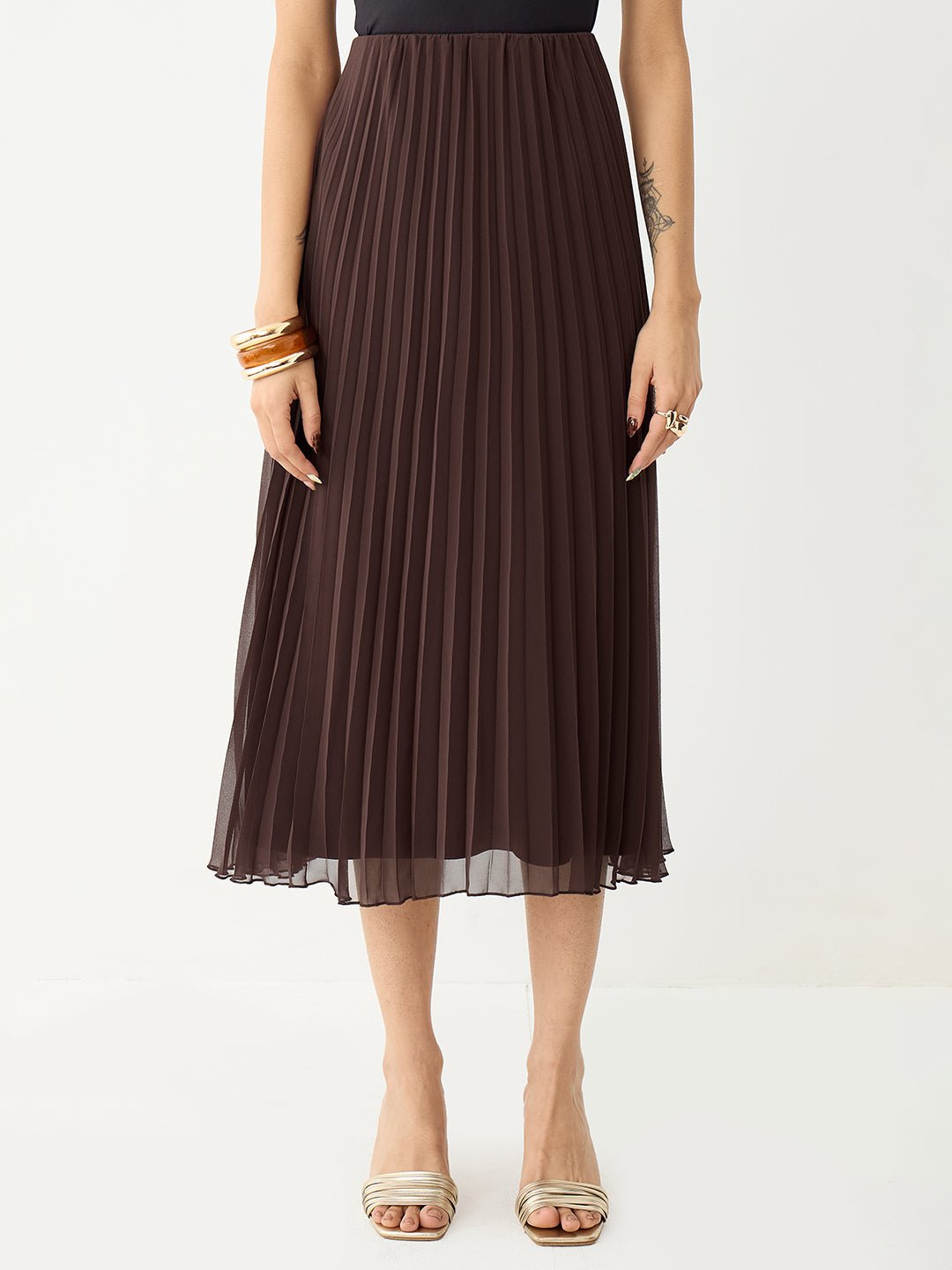 Elegant Brown Pleated A-Line Midi Skirt