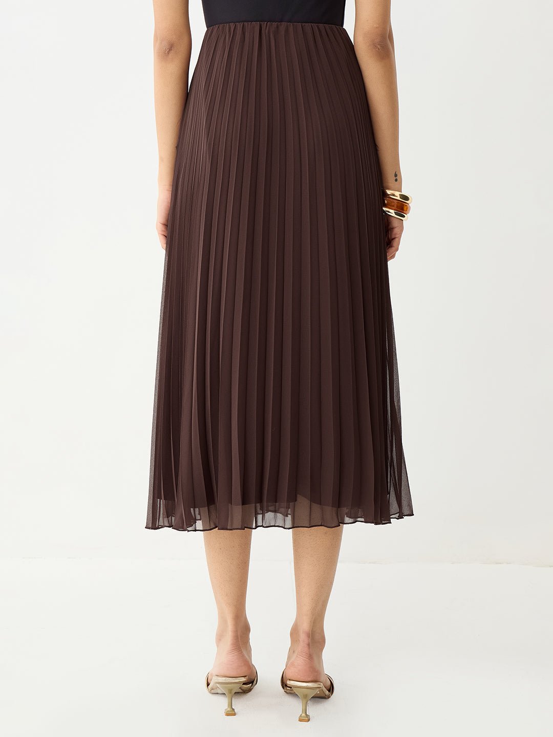 Elegant Brown Pleated A-Line Midi Skirt