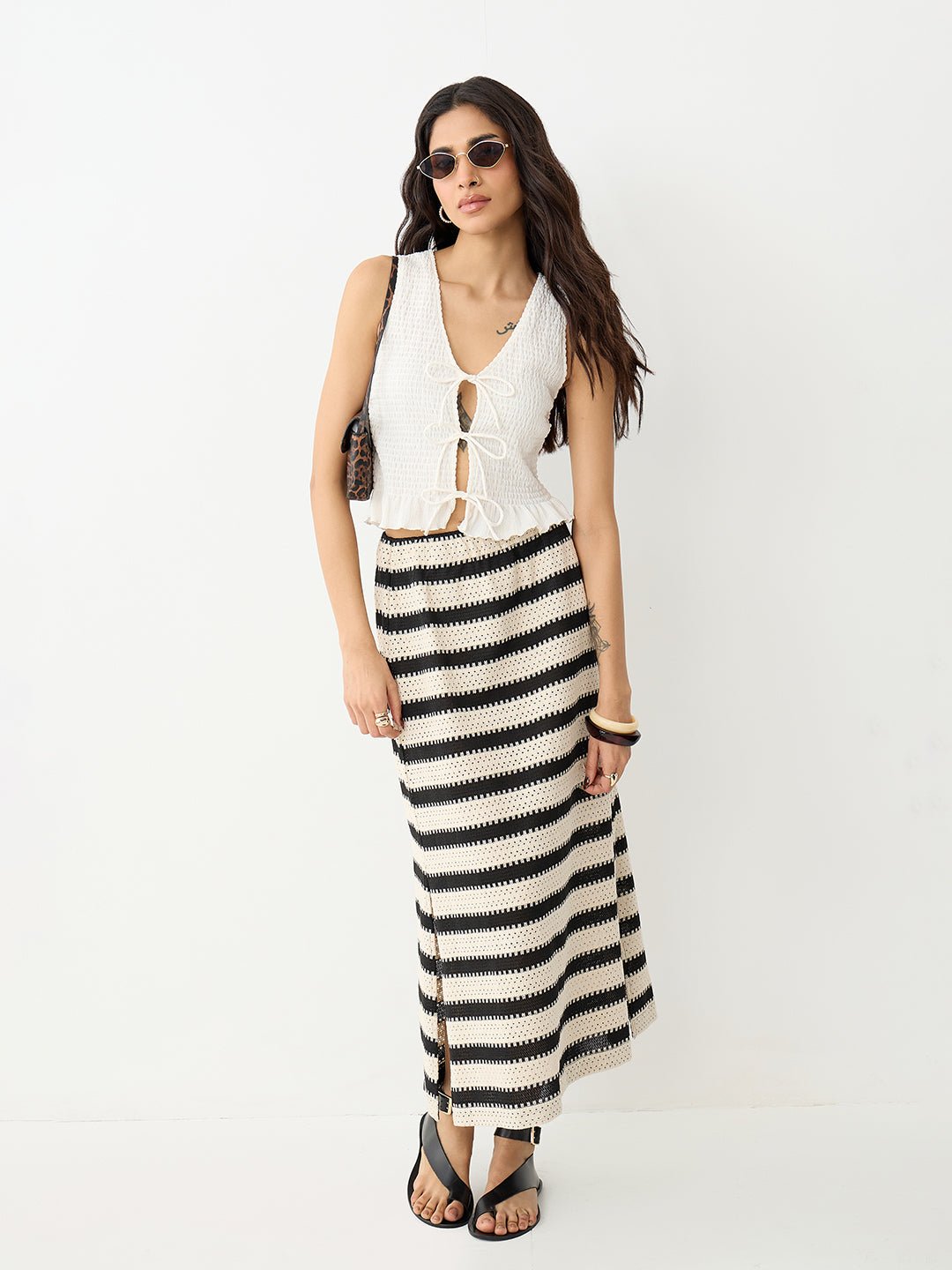 Multi-Stripe Crochet A-Line Ankle Skirt