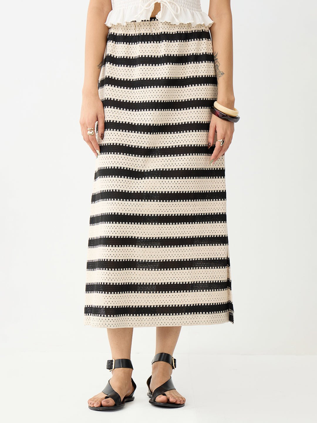 Multi-Stripe Crochet A-Line Ankle Skirt