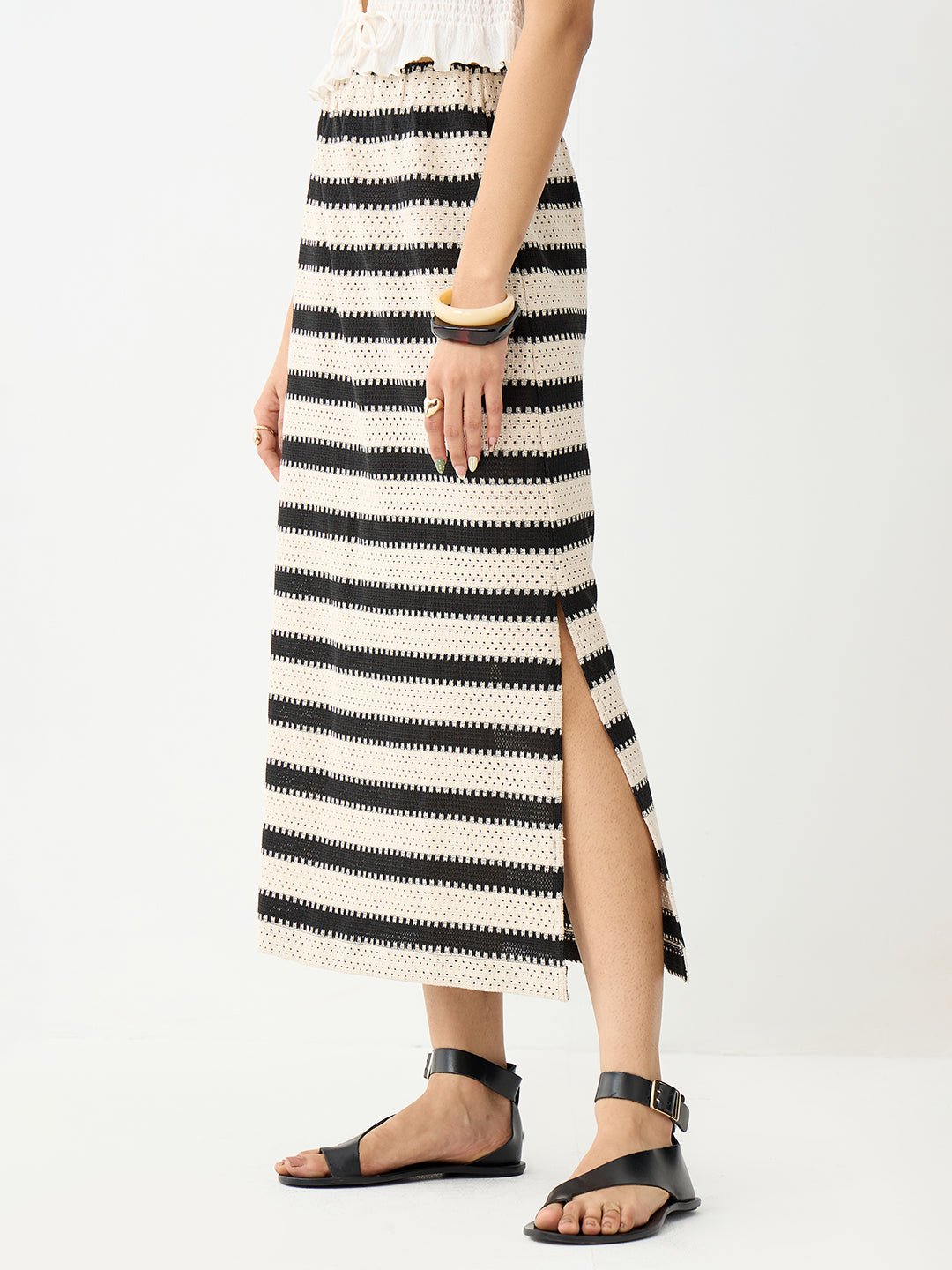 Multi-Stripe Crochet A-Line Ankle Skirt