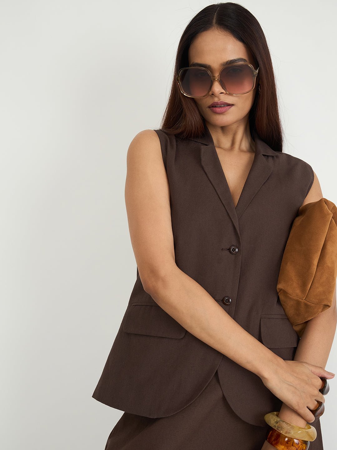 Longline Coffee Brown Button-Up Vest Blazer