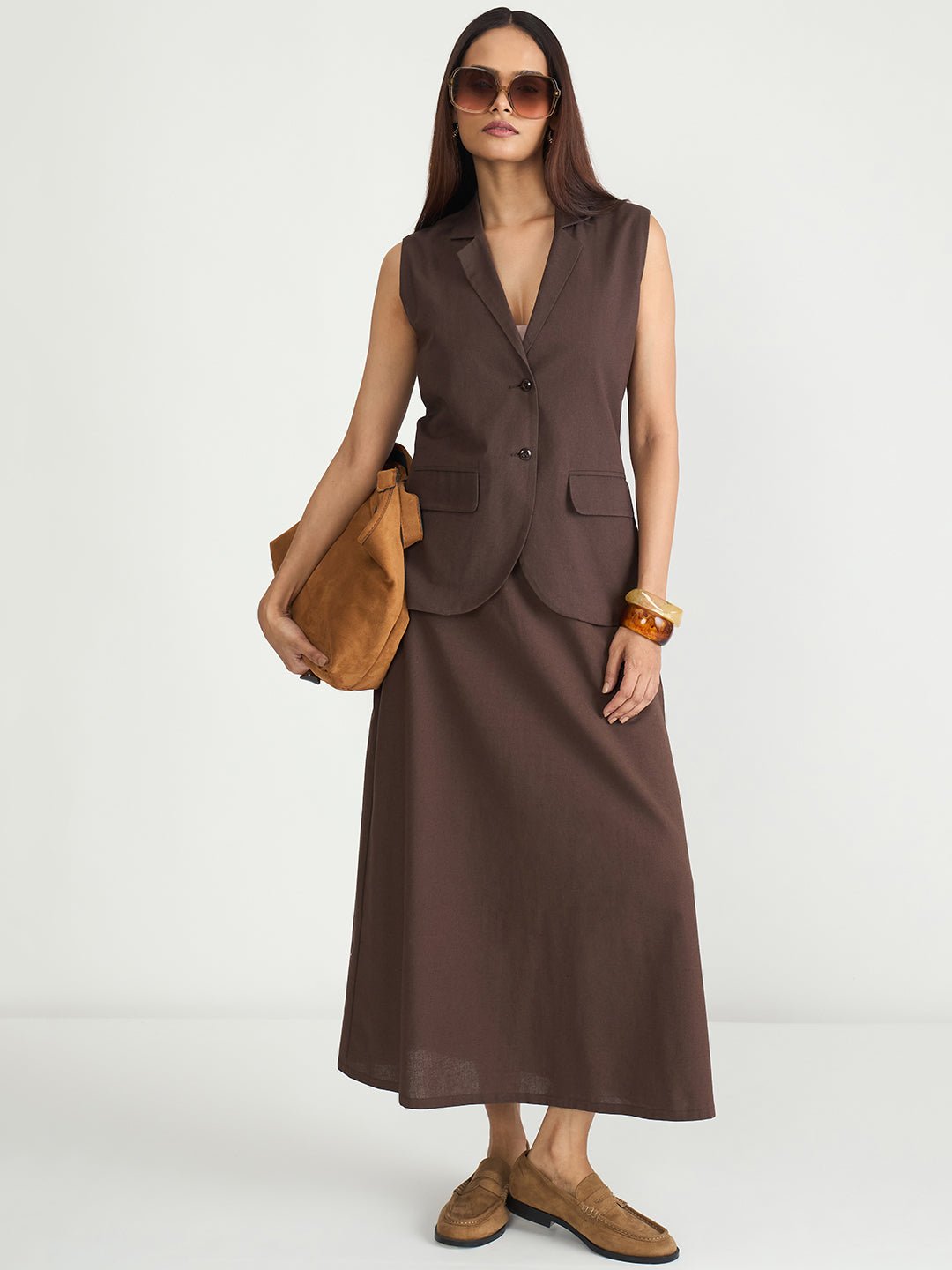 Longline Coffee Brown Button-Up Vest Blazer