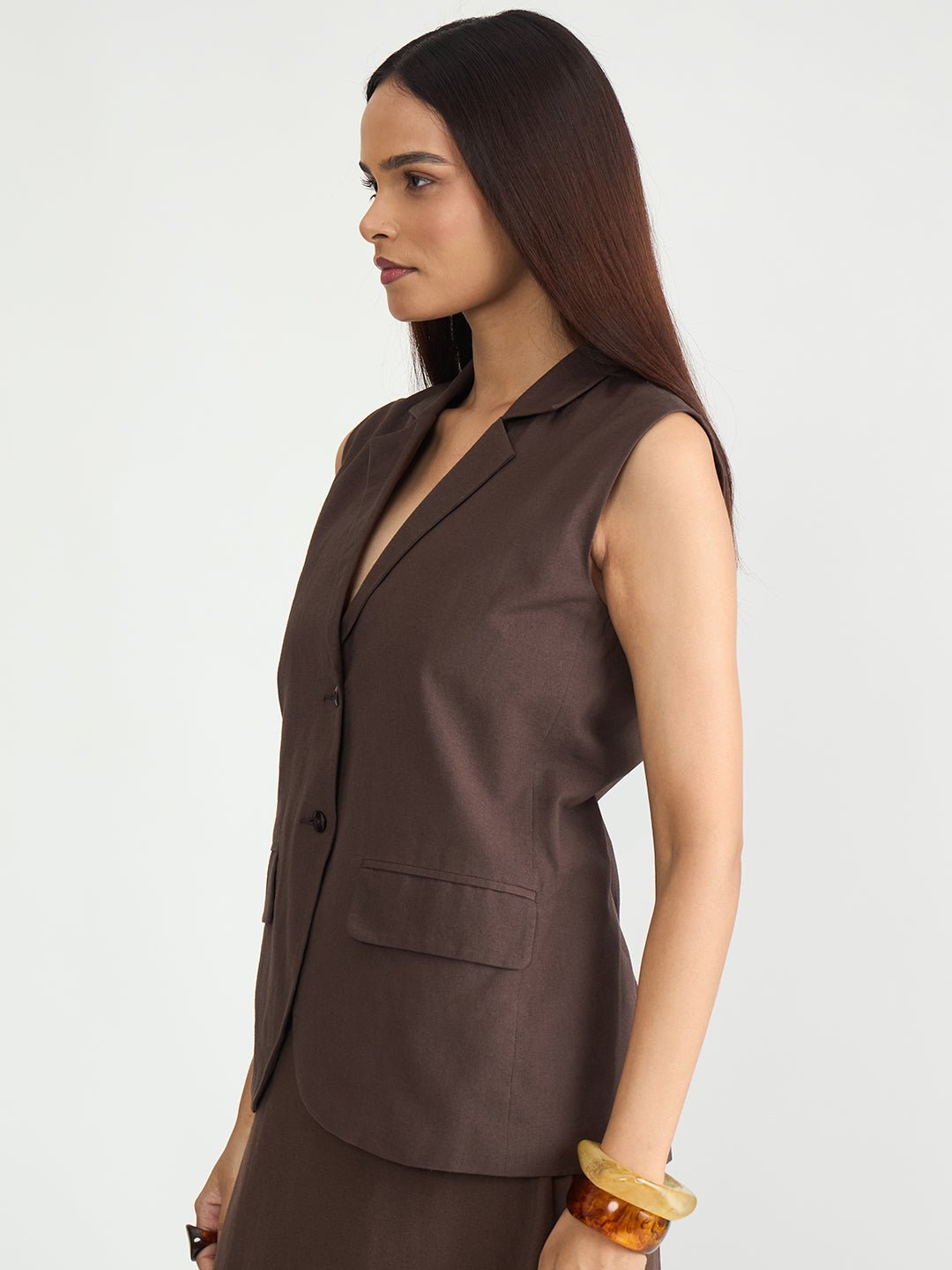 Longline Coffee Brown Button-Up Vest Blazer