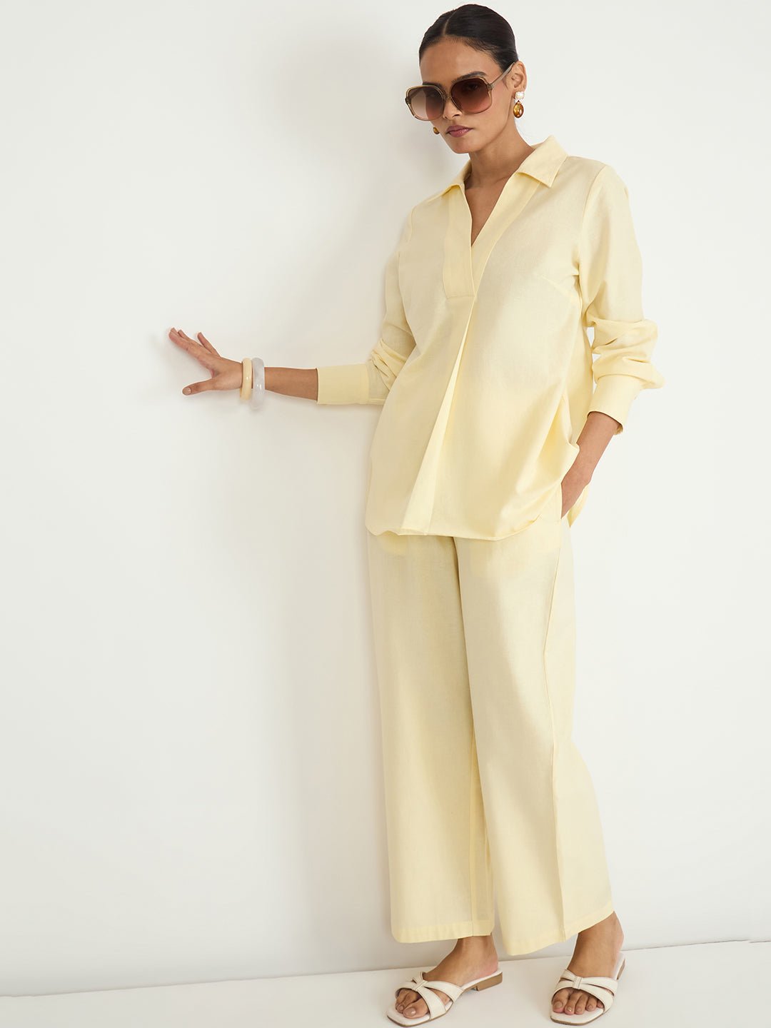 Pale Yellow Linen Blend Wide-Leg Trousers