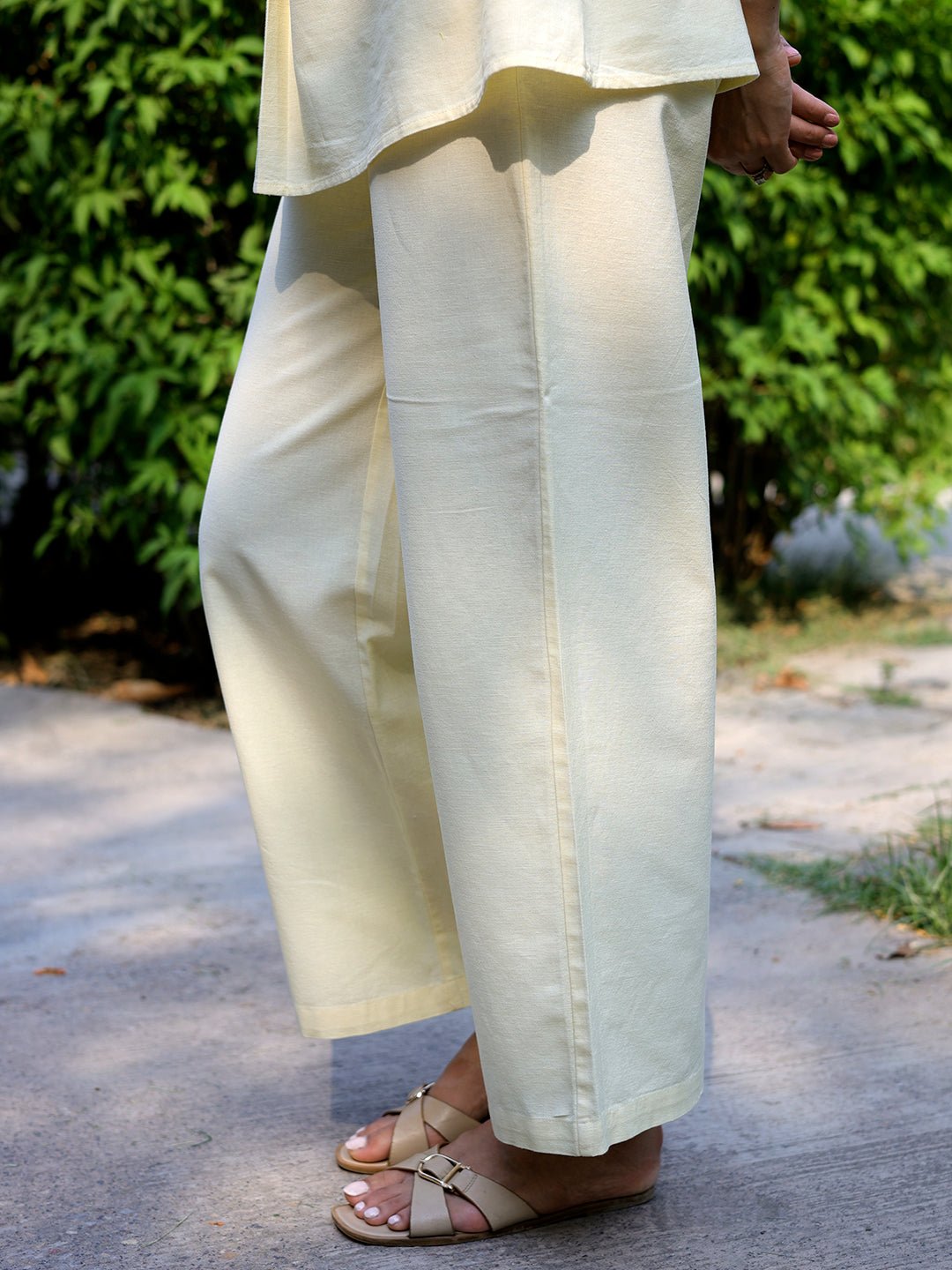 Pale Yellow Linen Blend Wide-Leg Trousers