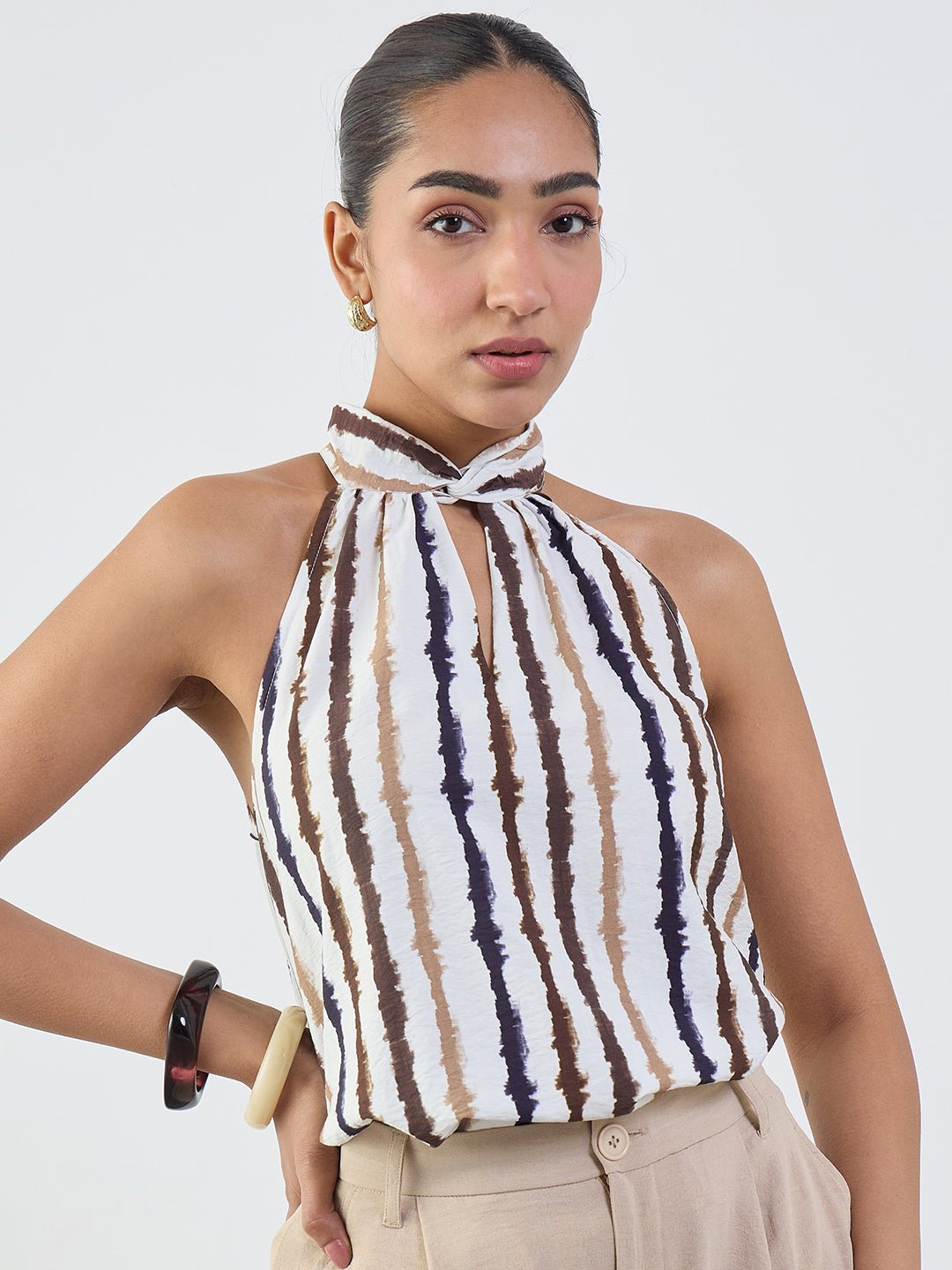 Multi-Colored Abstract Striped Halter Neck Sleeveless Top