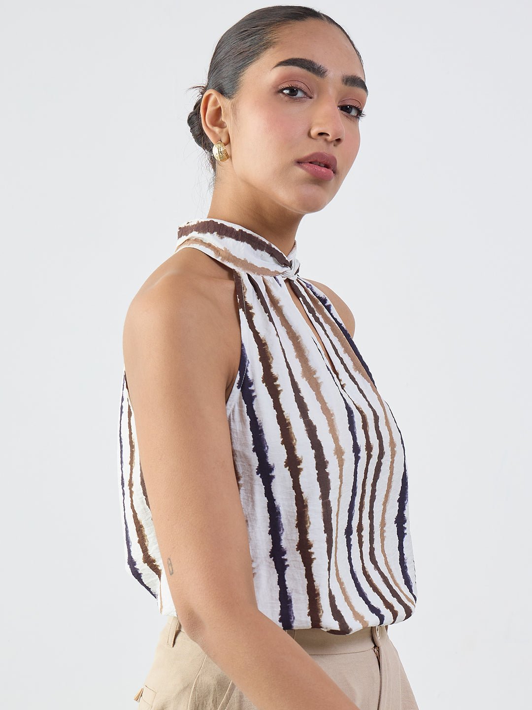 Multi-Colored Abstract Striped Halter Neck Sleeveless Top