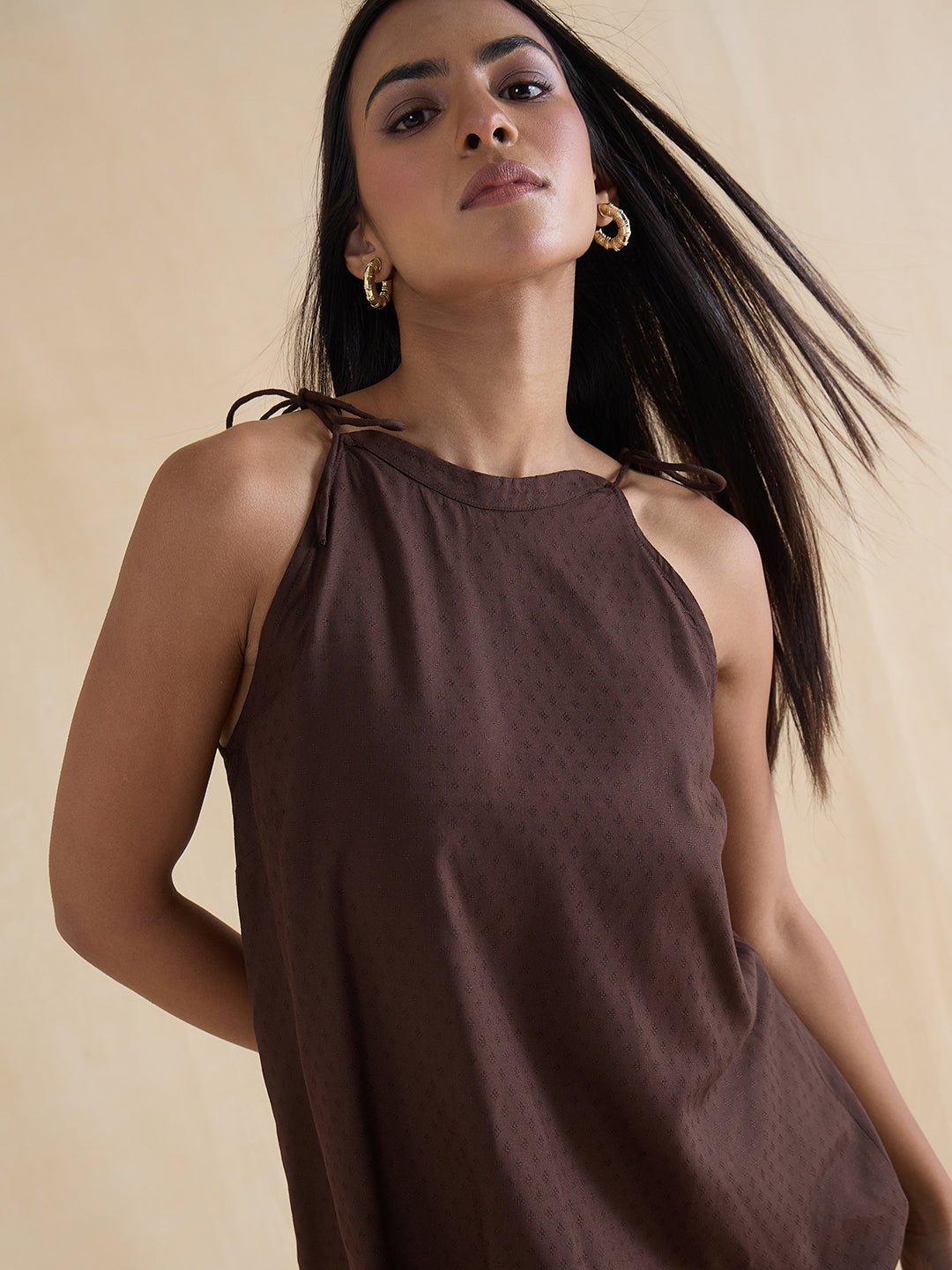 Coffee Brown Tie-Up Strappy Regular Fit Top