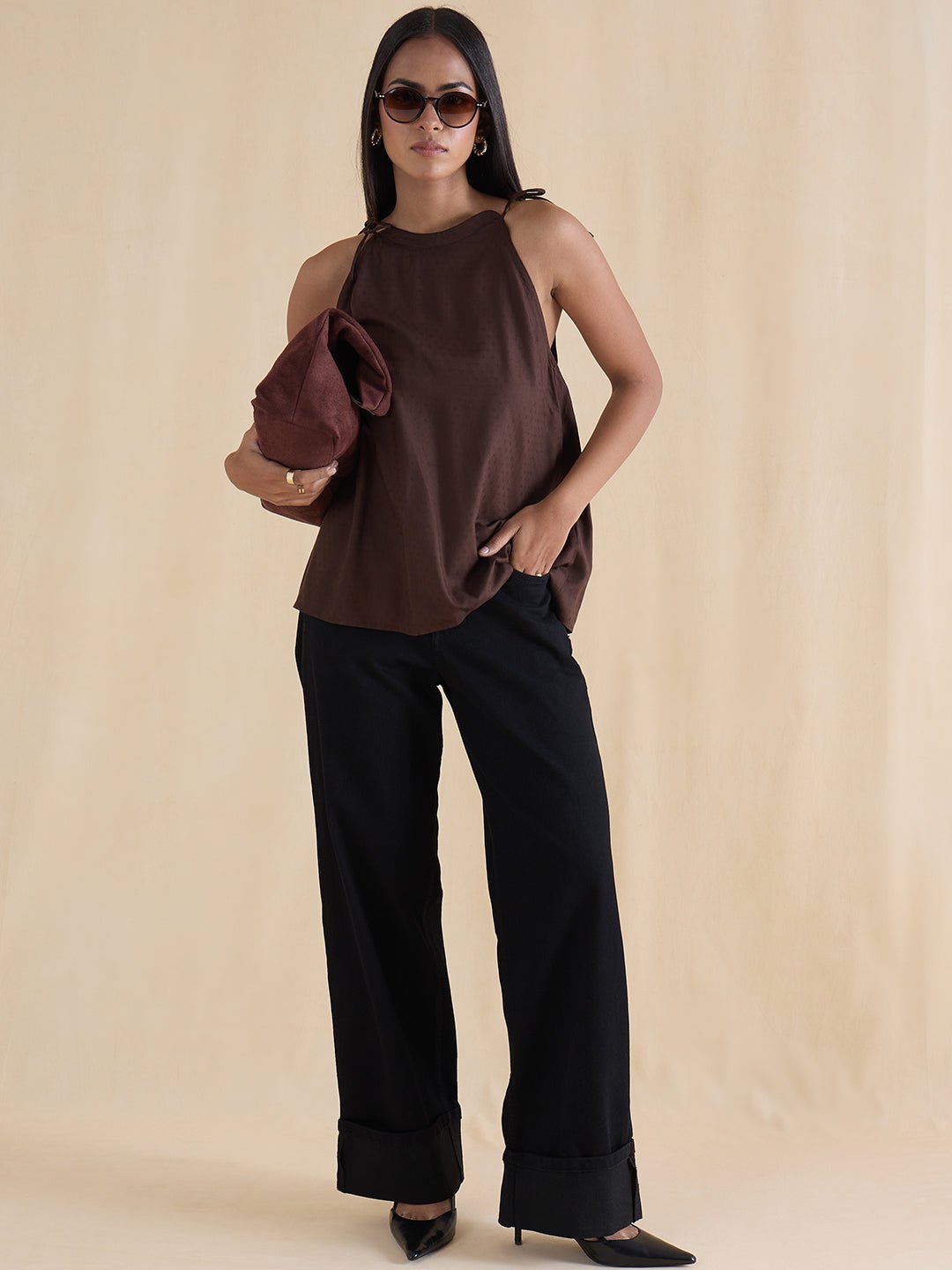 Coffee Brown Tie-Up Strappy Regular Fit Top