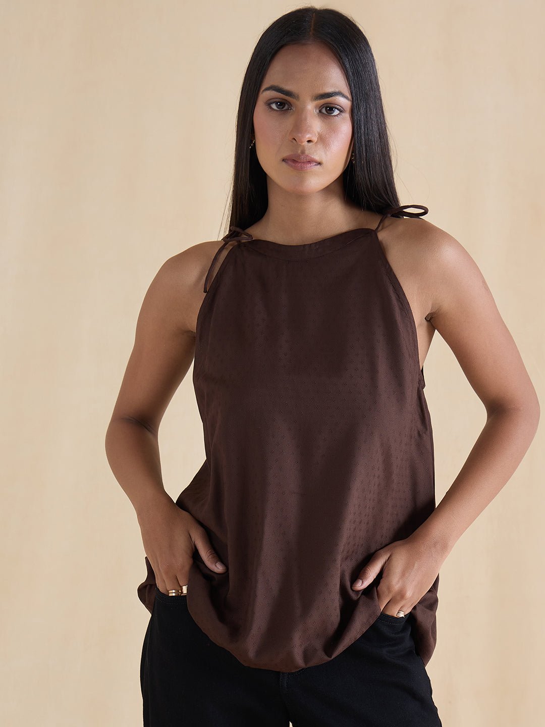 Coffee Brown Tie-Up Strappy Regular Fit Top