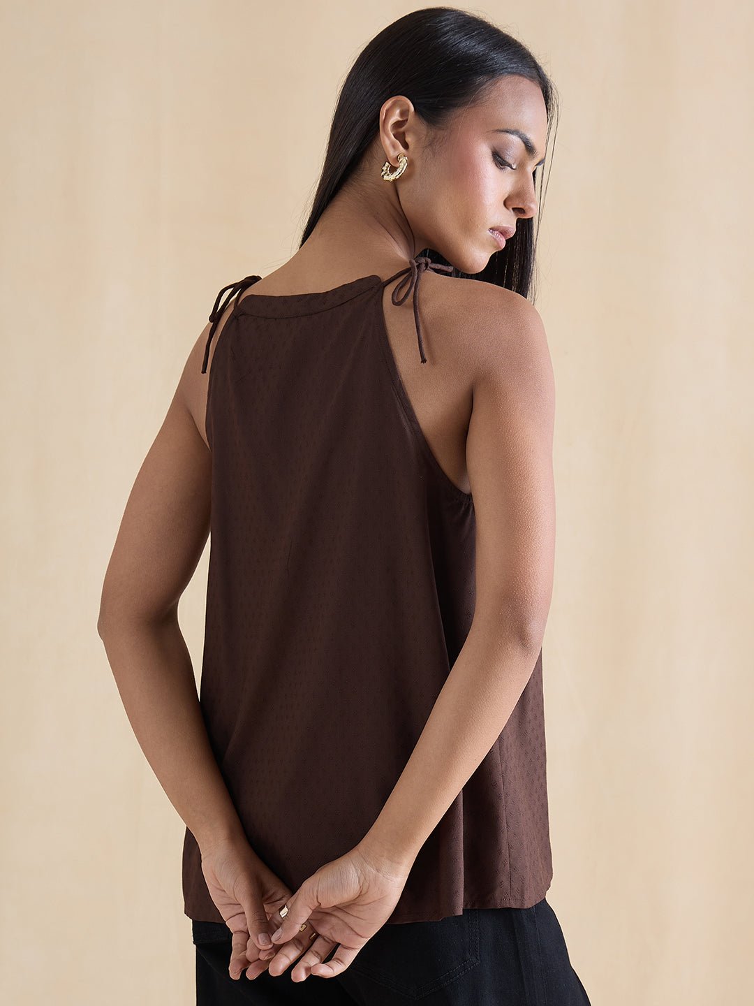 Coffee Brown Tie-Up Strappy Regular Fit Top
