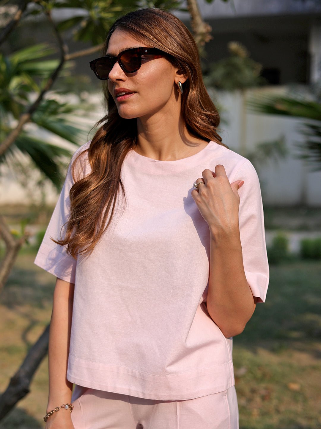 Light Pink Cotton Linen Short Sleeve Blouse