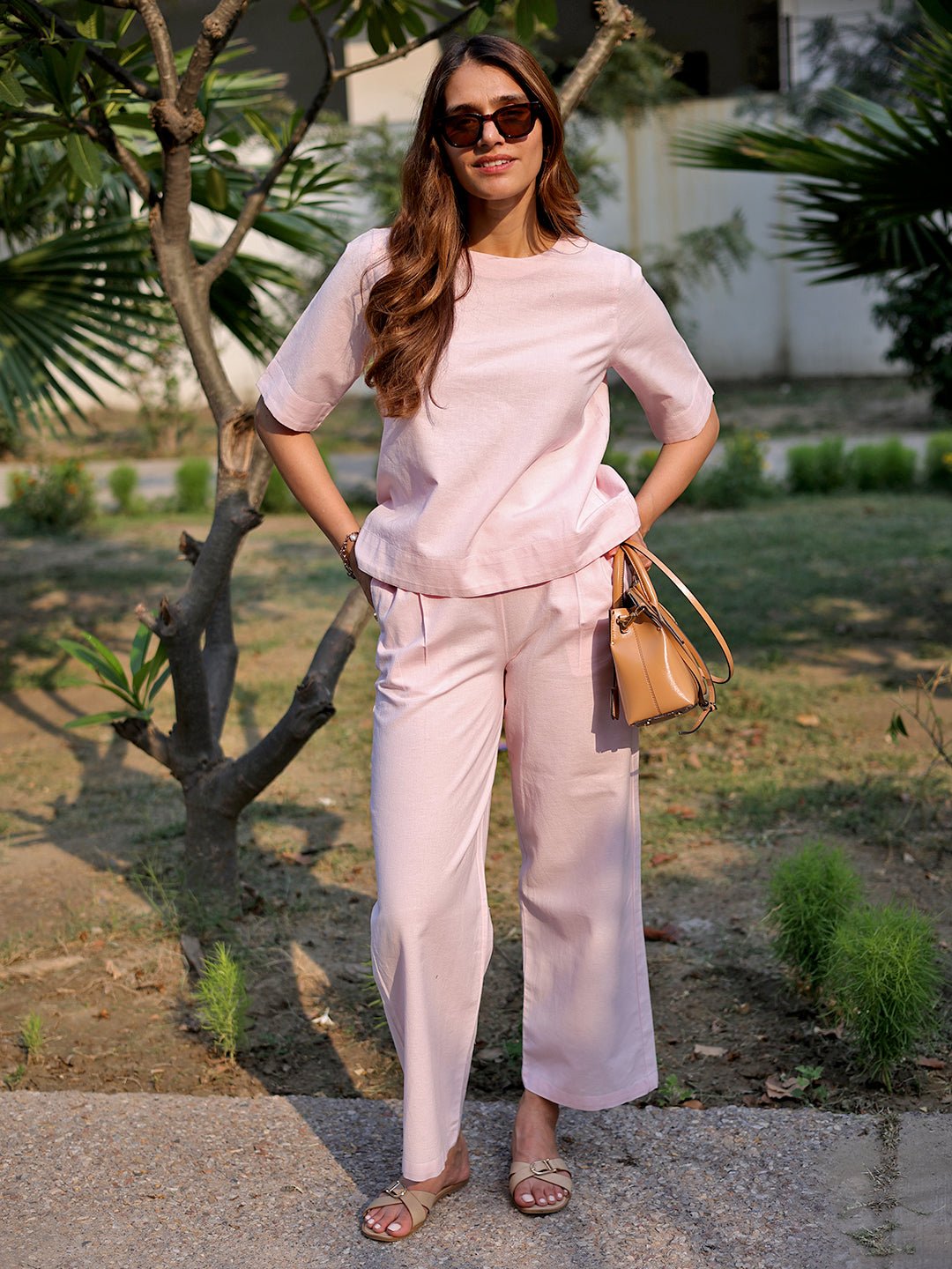 Light Pink Cotton Linen Short Sleeve Blouse