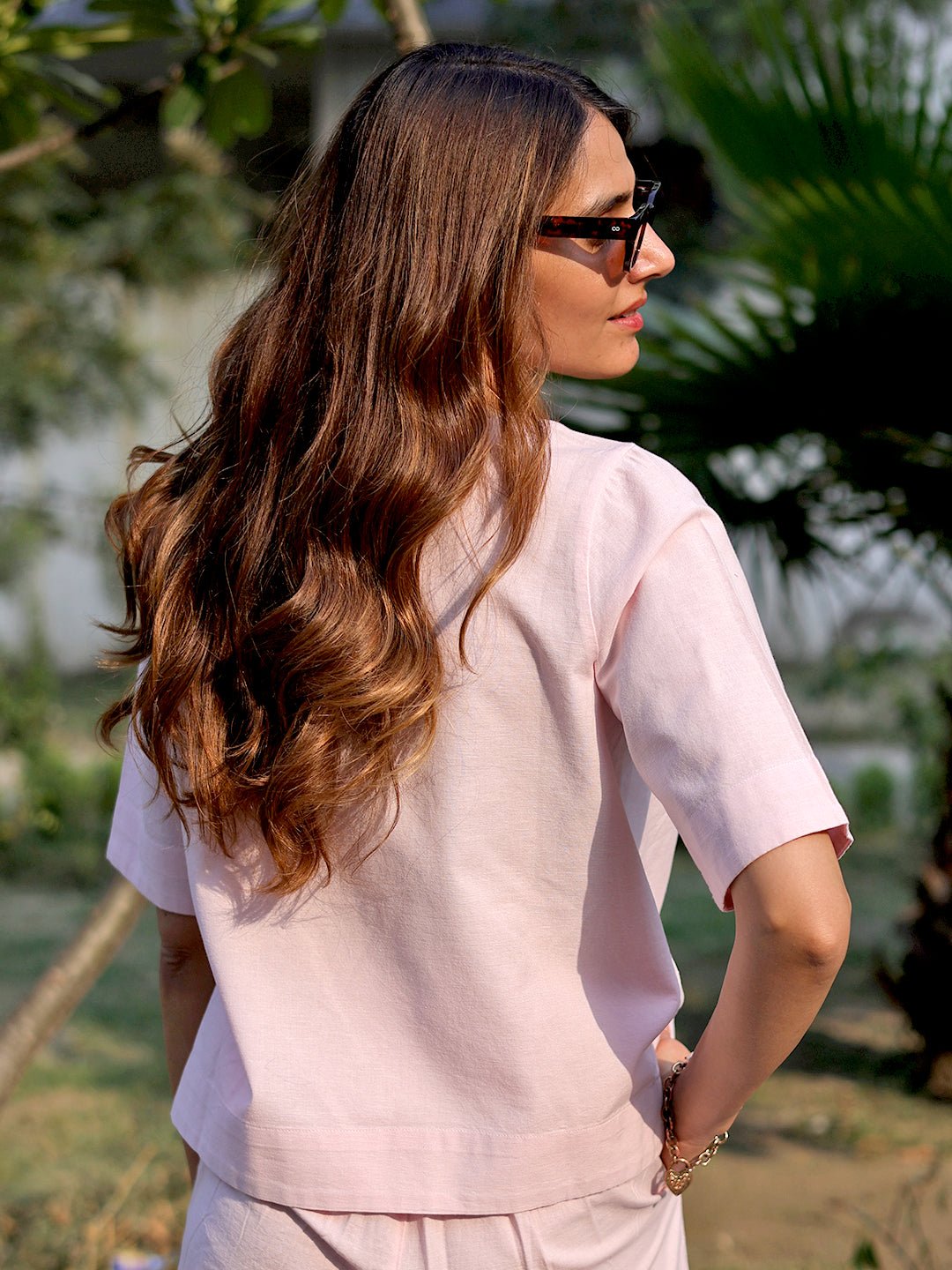 Light Pink Cotton Linen Short Sleeve Blouse