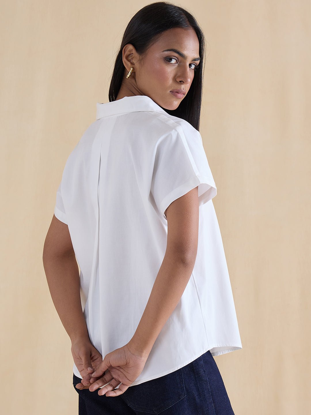 Womens White Short Sleeve Cotton Button-Up Shirt