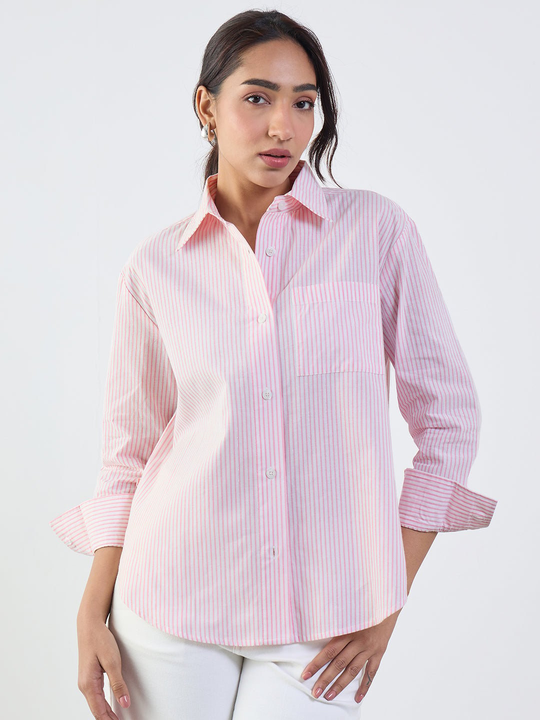 Womens Pink Striped Long Sleeve Shirt