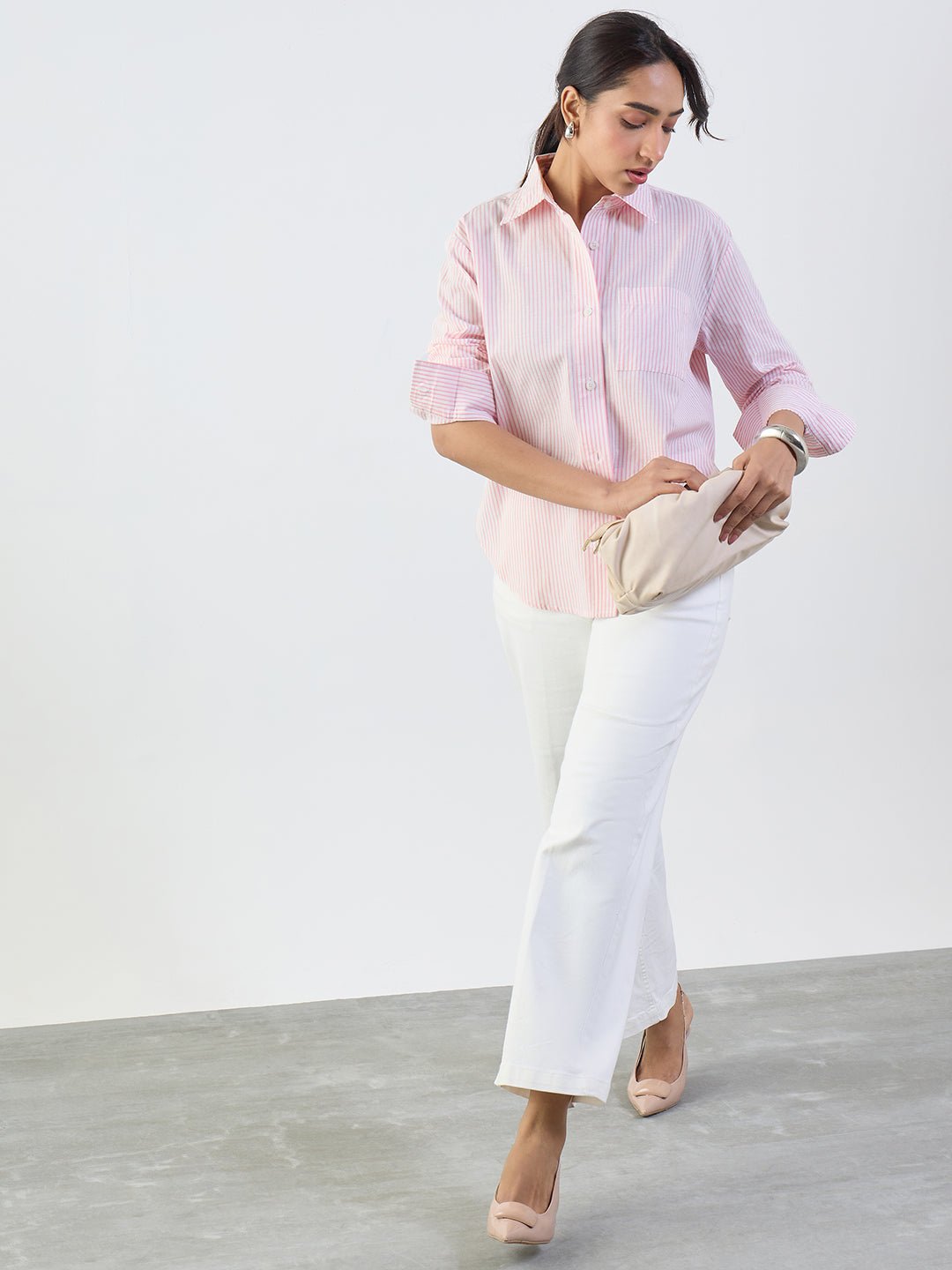 Womens Pink Striped Long Sleeve Shirt