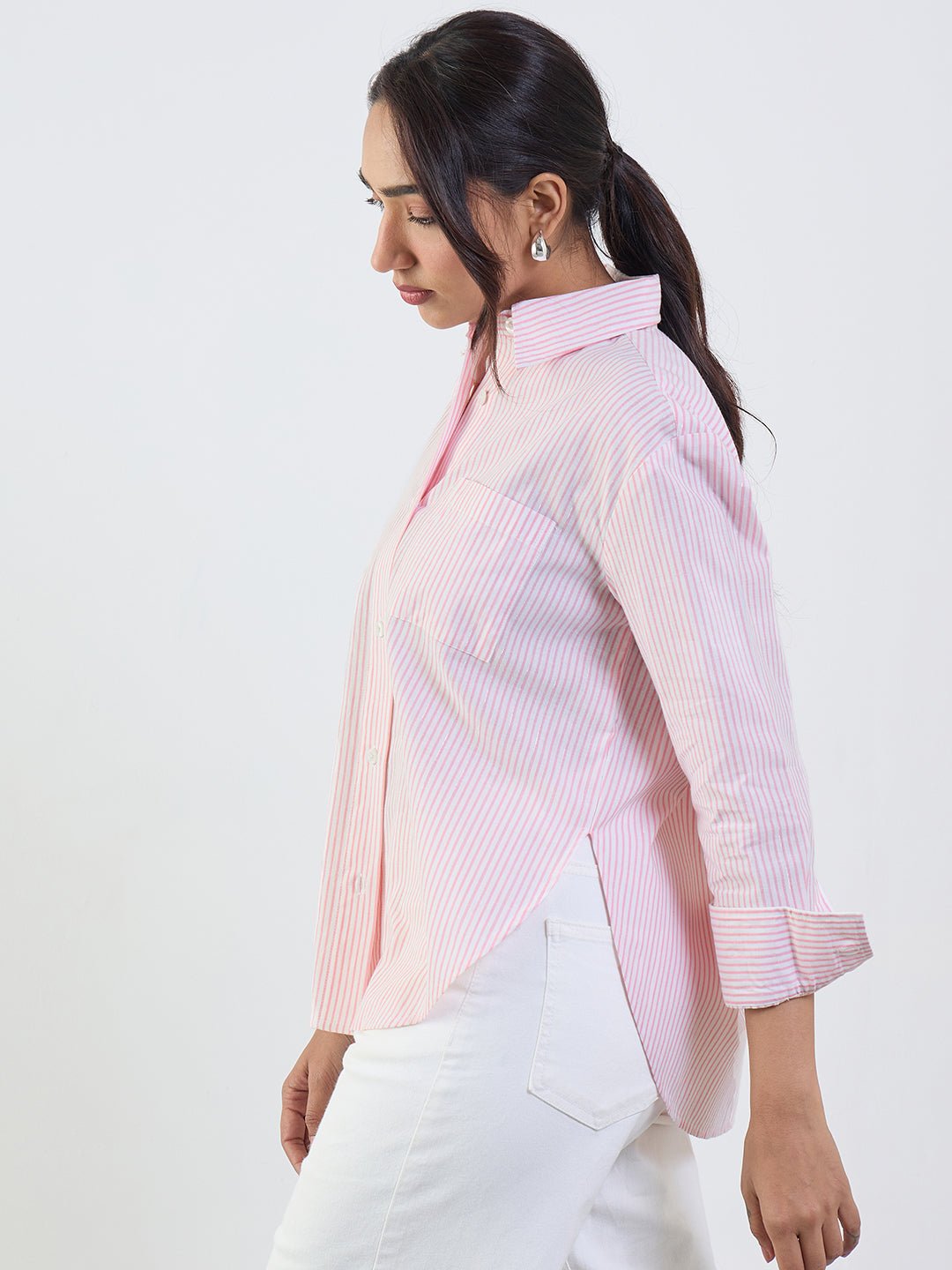 Womens Pink Striped Long Sleeve Shirt