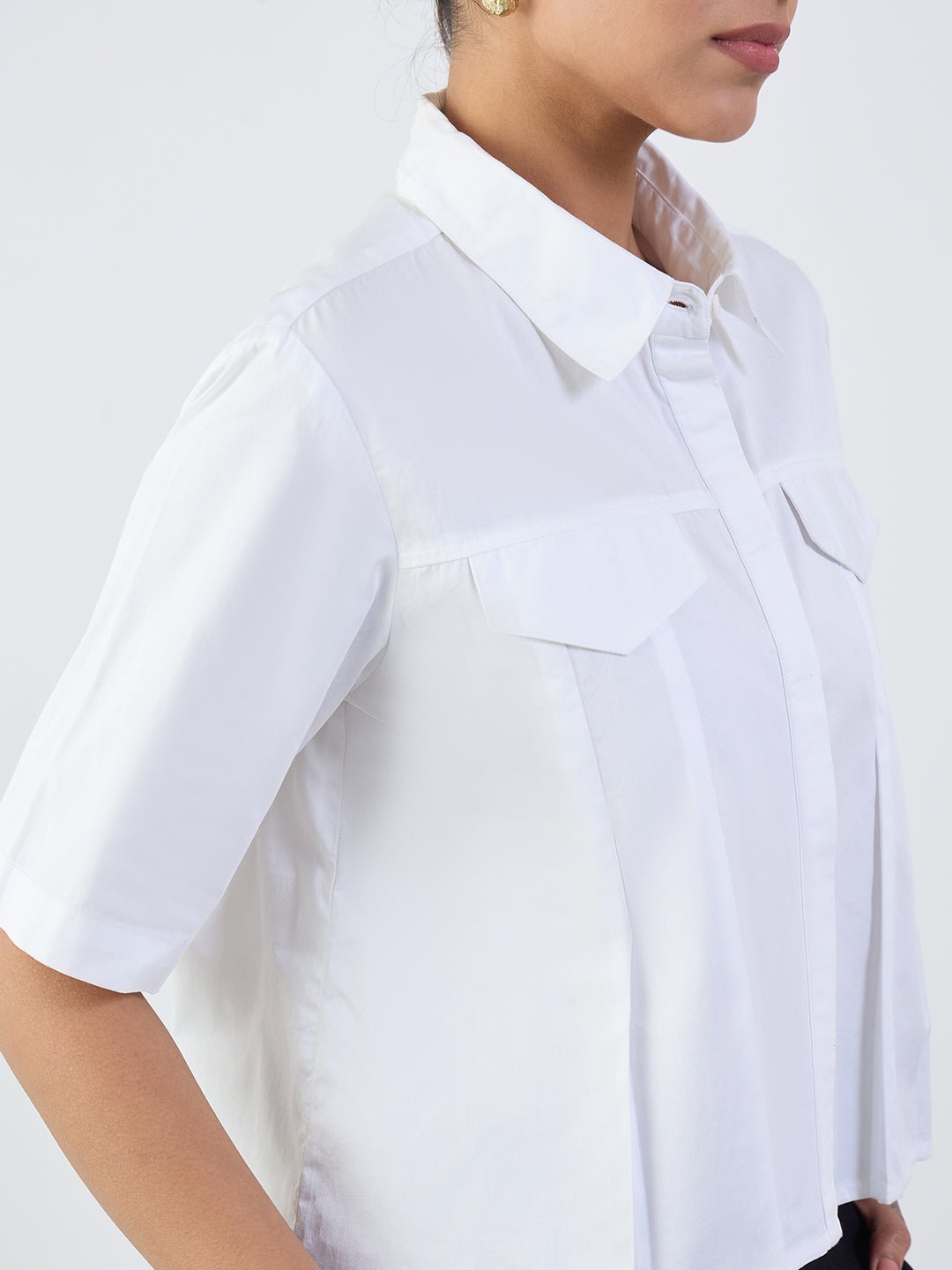 White Short Sleeve Pleated Button-Up Shirt