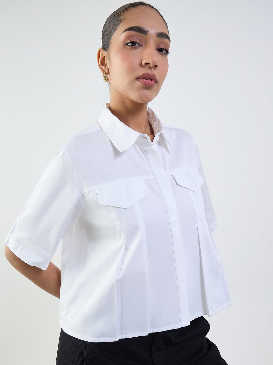 White Short Sleeve Pleated Button-Up Shirt