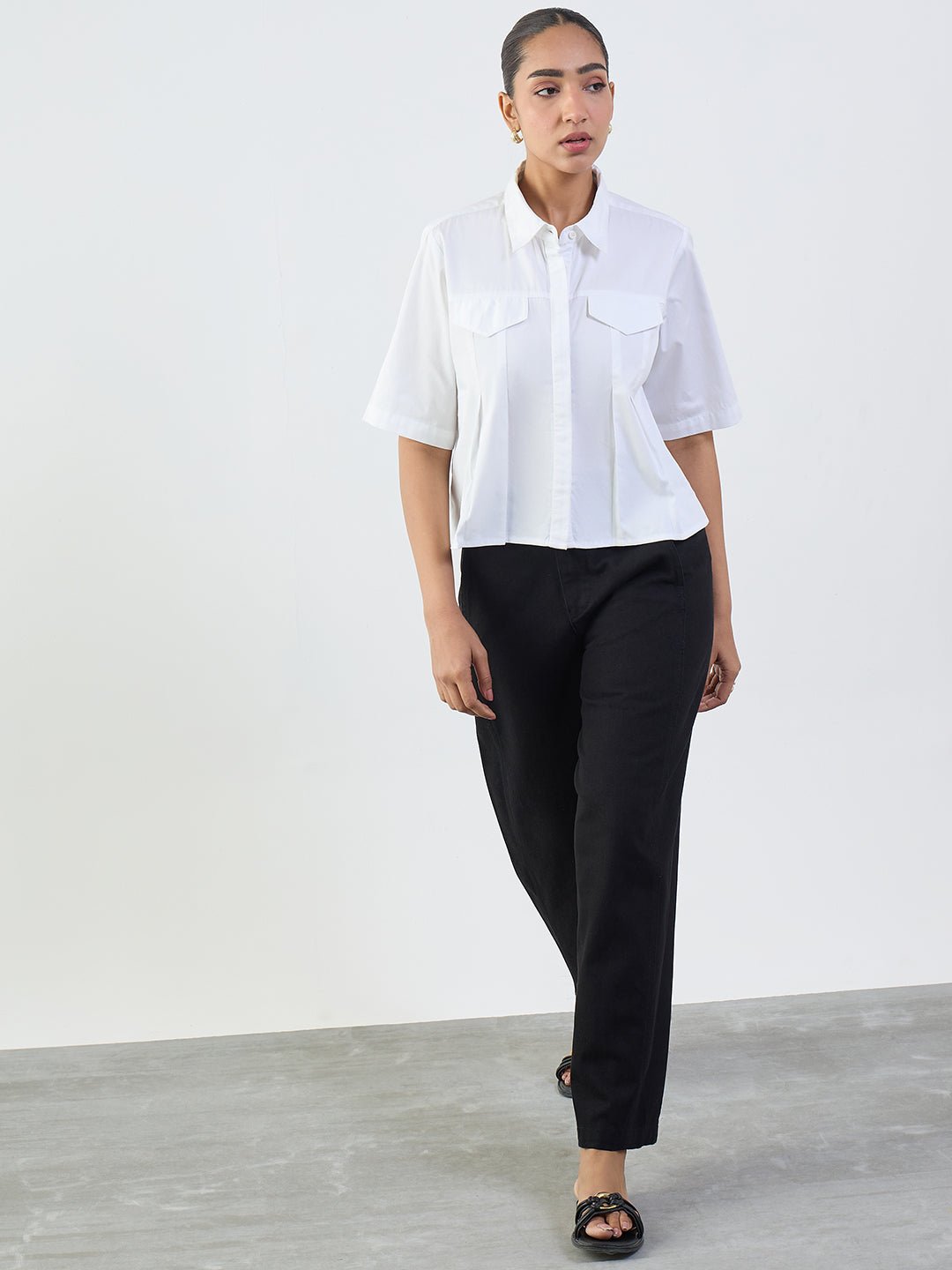 White Short Sleeve Pleated Button-Up Shirt