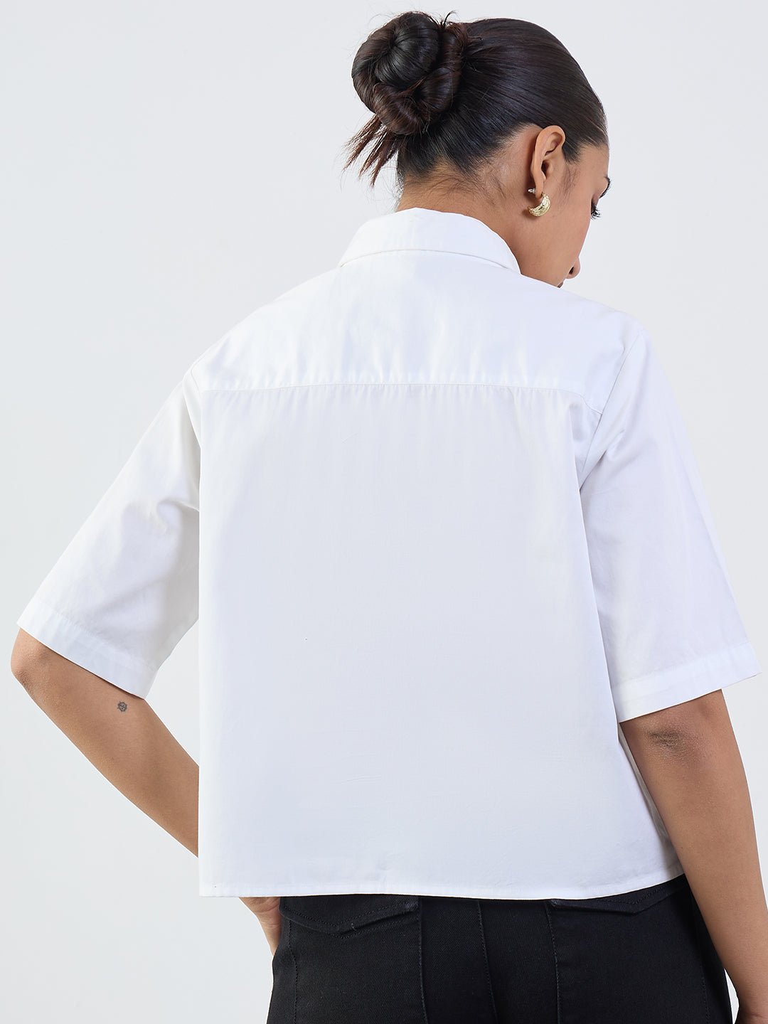 White Short Sleeve Pleated Button-Up Shirt