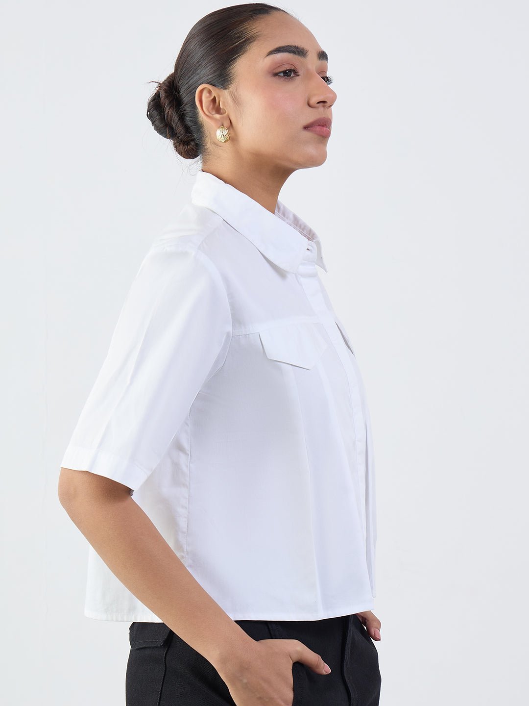 White Short Sleeve Pleated Button-Up Shirt