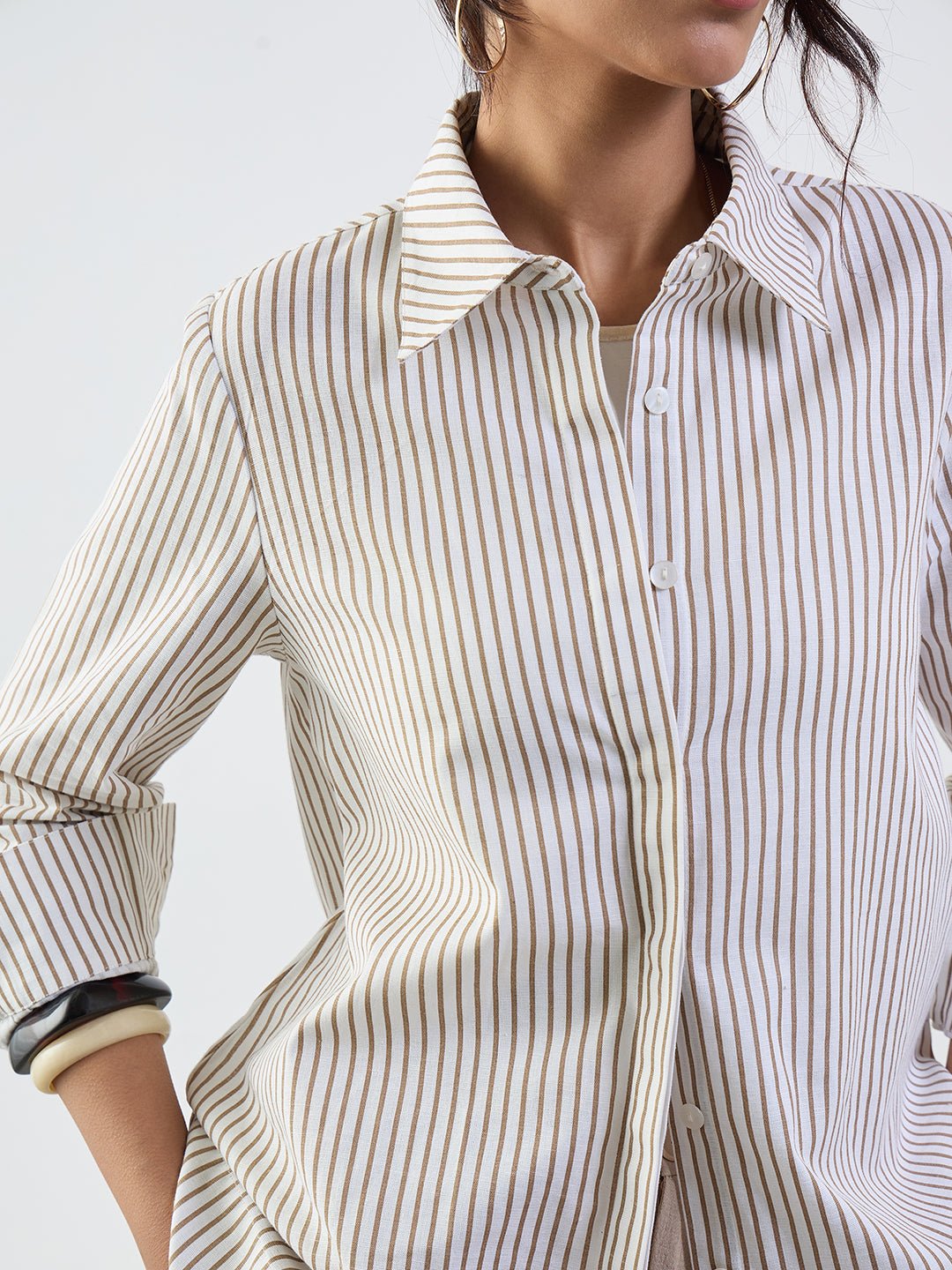 Brown Striped Cotton-Linen Long Sleeve Shirt