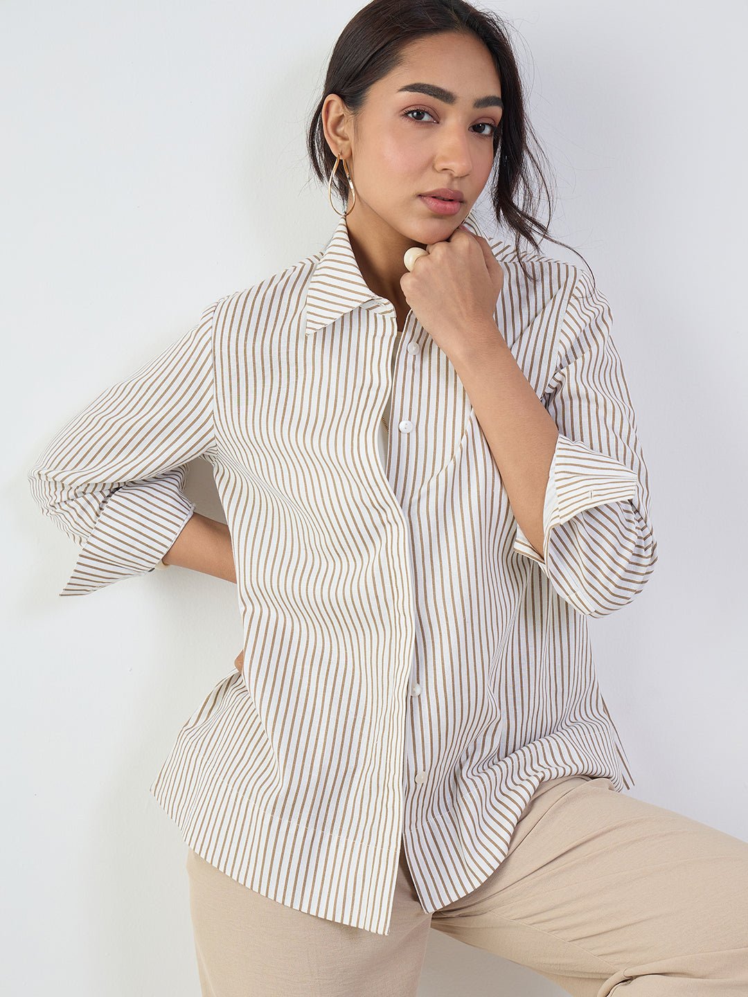 Brown Striped Cotton-Linen Long Sleeve Shirt