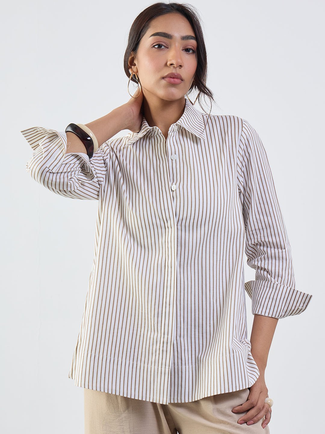 Brown Striped Cotton-Linen Long Sleeve Shirt
