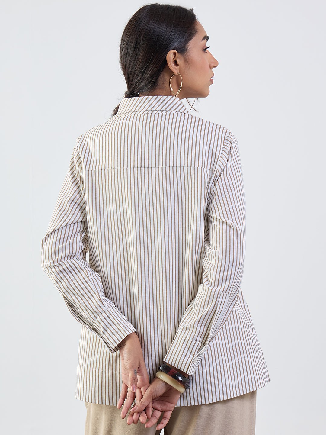 Brown Striped Cotton-Linen Long Sleeve Shirt