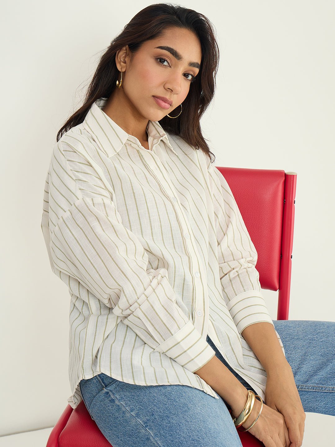 Olive Striped Linen Blend Long Sleeve Shirt