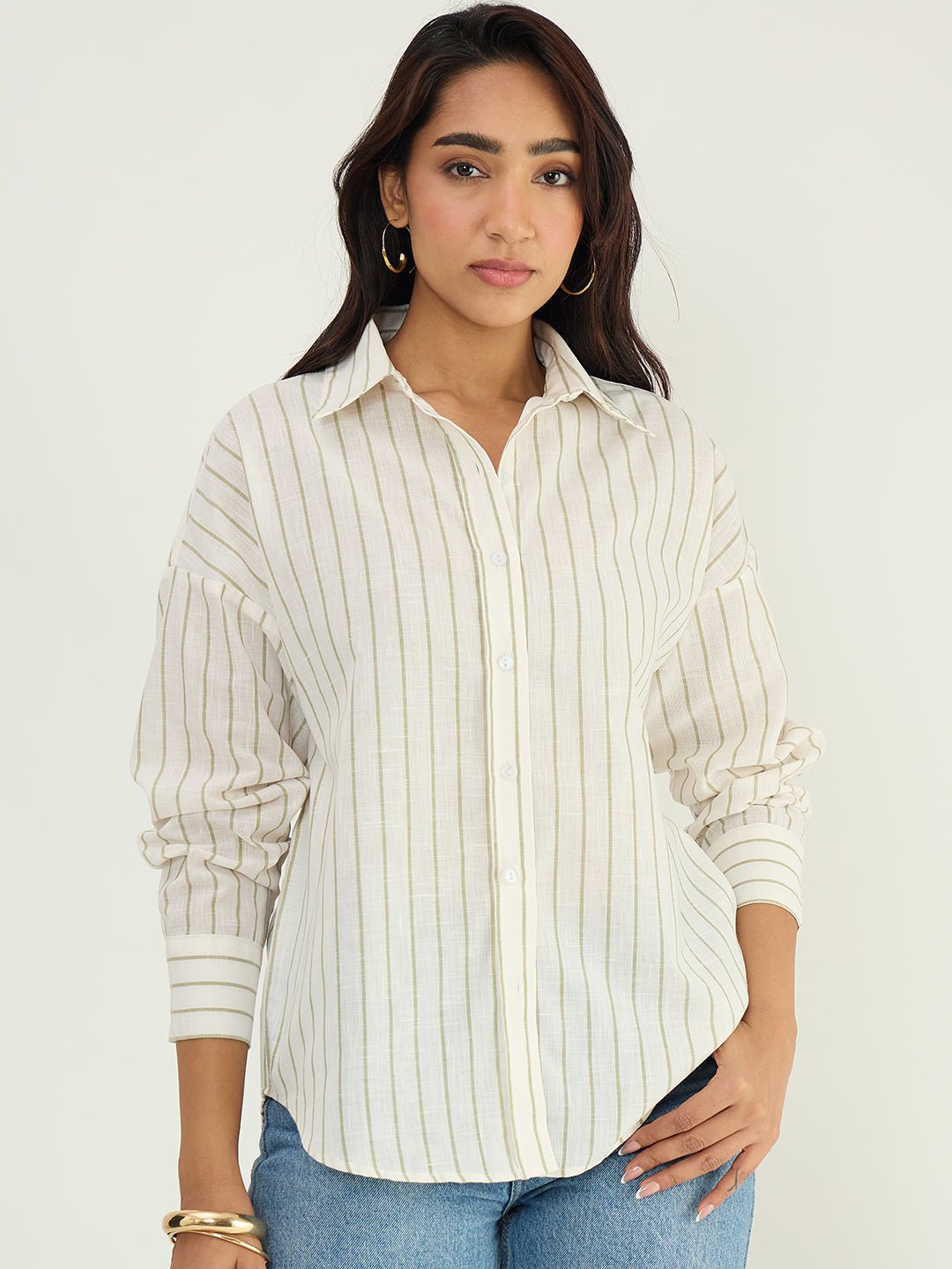 Olive Striped Linen Blend Long Sleeve Shirt
