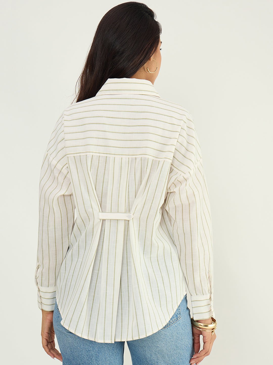 Olive Striped Linen Blend Long Sleeve Shirt