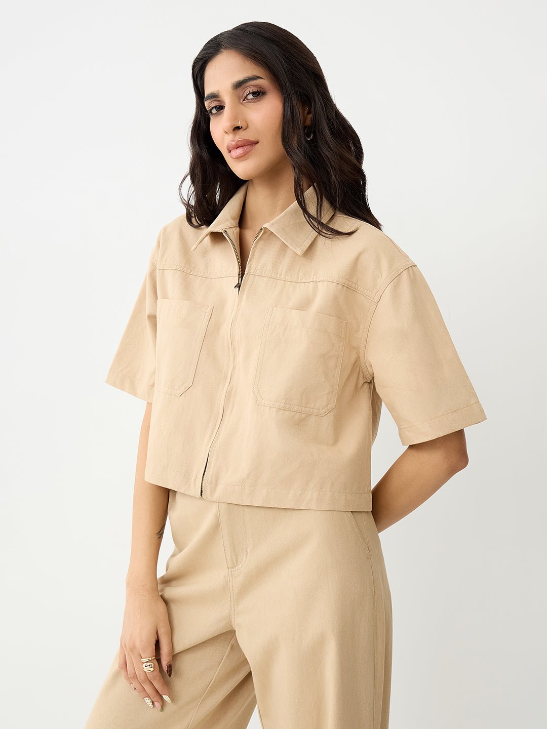 Beige Short Sleeve Zip Crop Shirt
