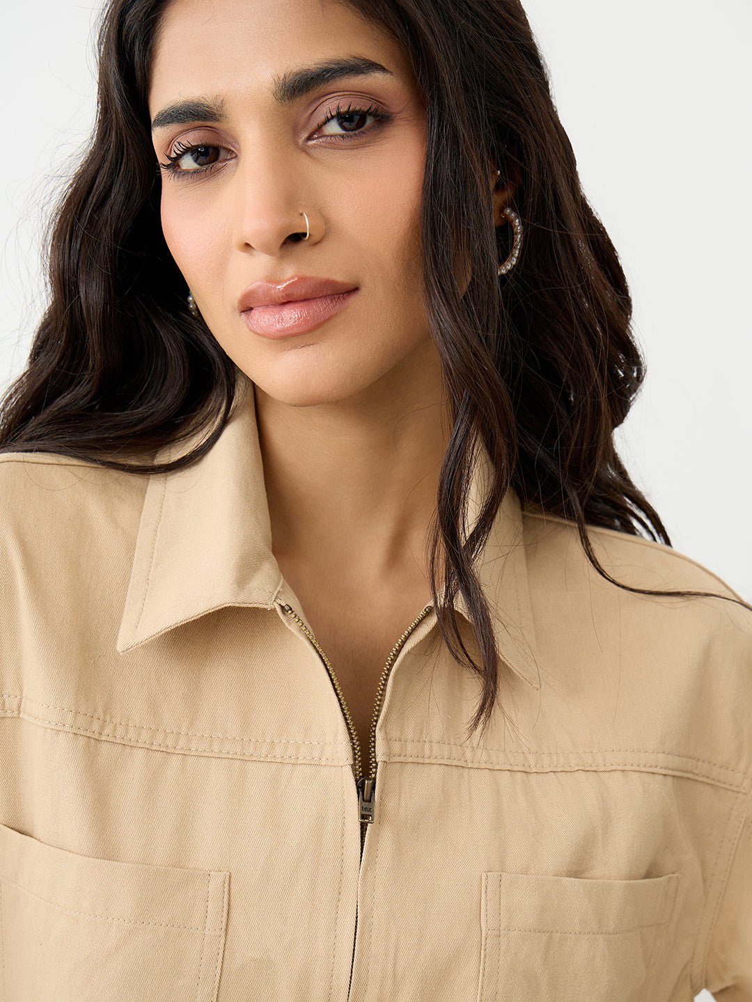 Beige Short Sleeve Zip Crop Shirt
