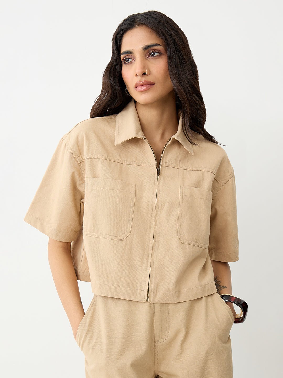 Beige Short Sleeve Zip Crop Shirt