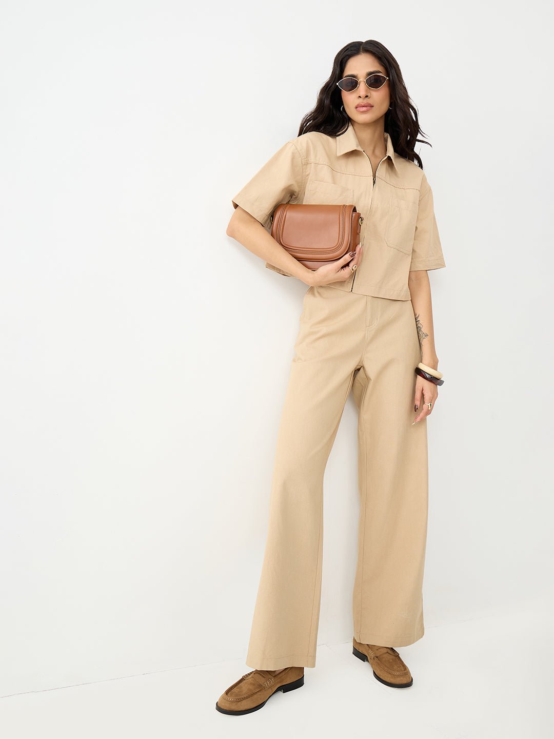 Beige Short Sleeve Zip Crop Shirt