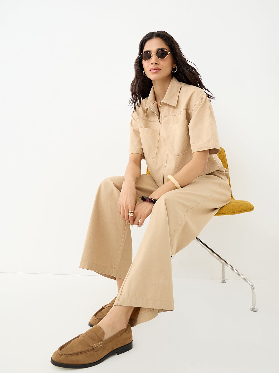 Beige Short Sleeve Zip Crop Shirt