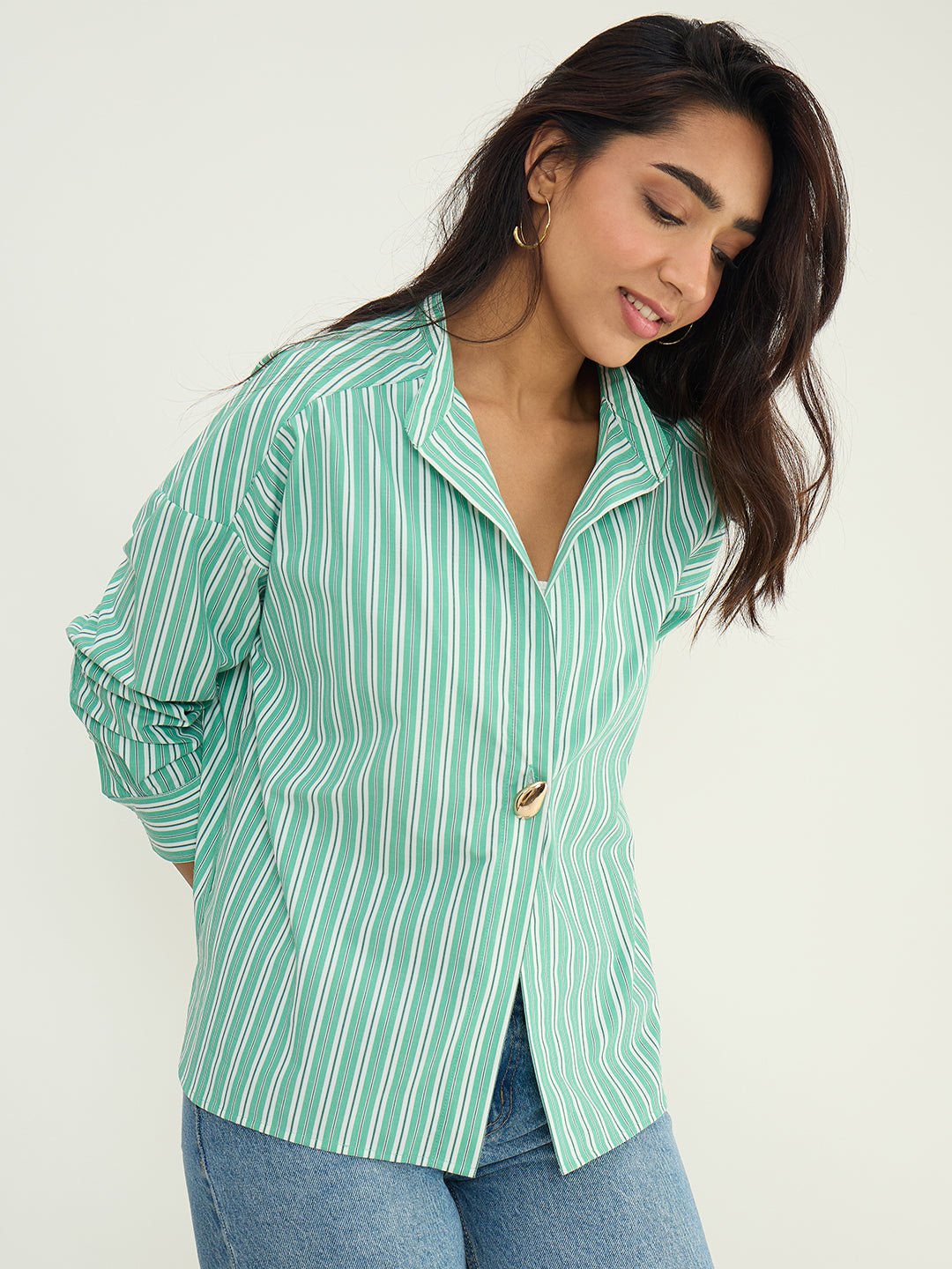 Emerald Green Stripe Long Sleeve Oversized Shirt