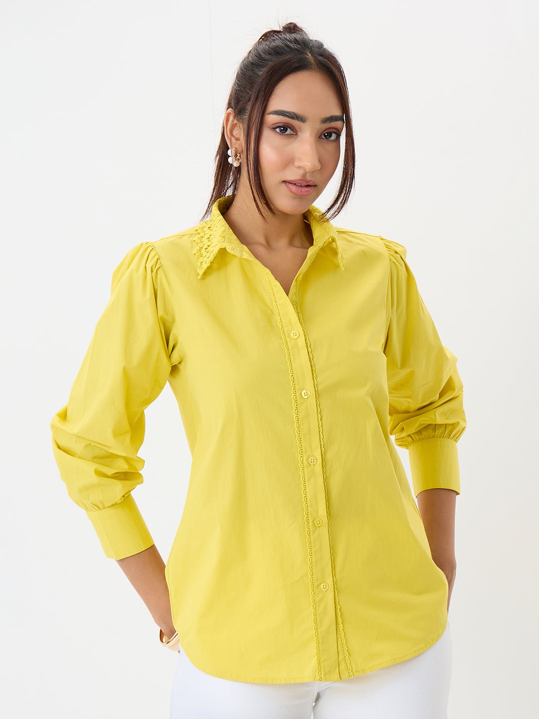 Chic Green Poplin Long Sleeve Shirt with Lace Collar