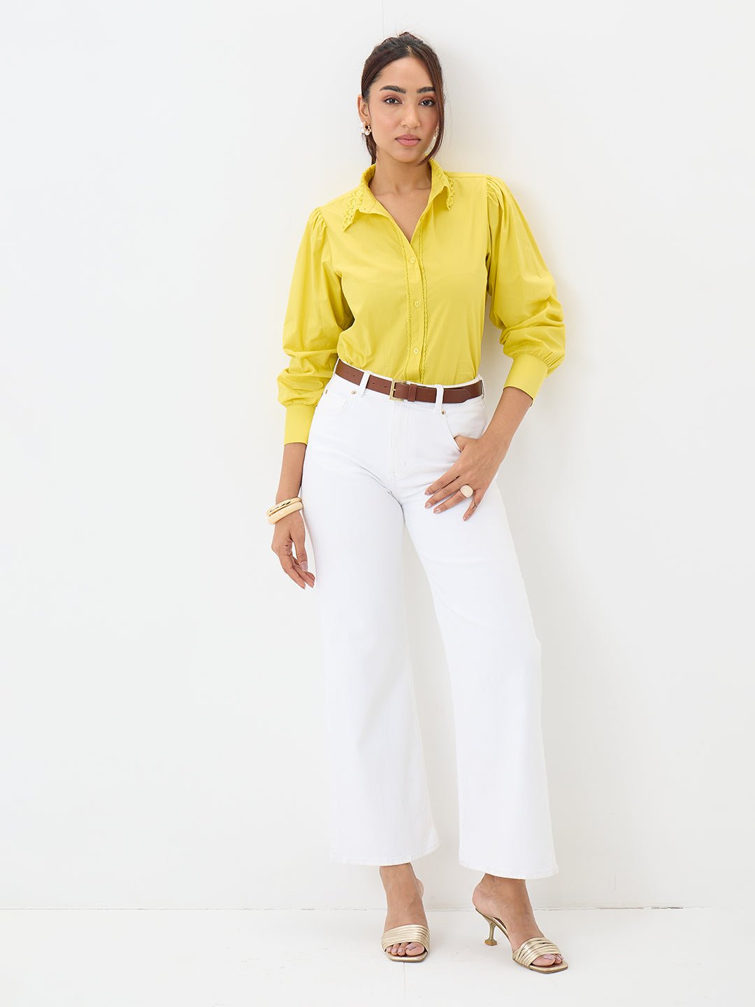 Chic Green Poplin Long Sleeve Shirt with Lace Collar