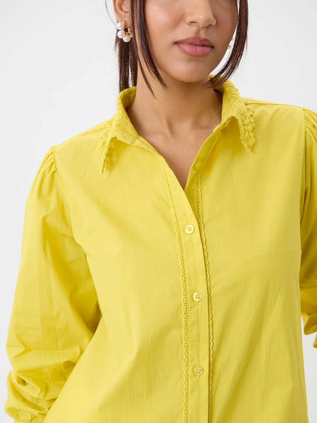 Chic Green Poplin Long Sleeve Shirt with Lace Collar