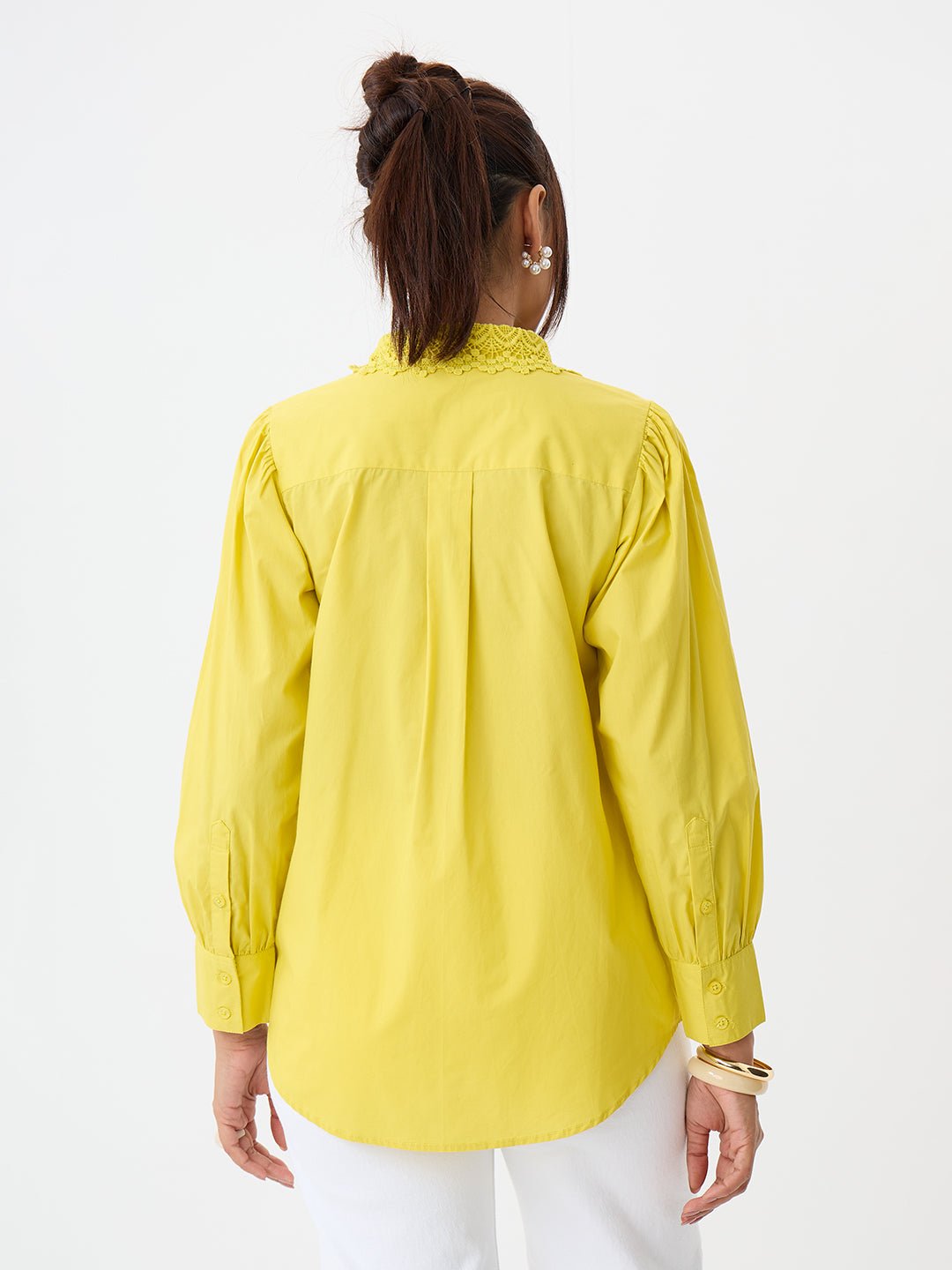 Chic Green Poplin Long Sleeve Shirt with Lace Collar